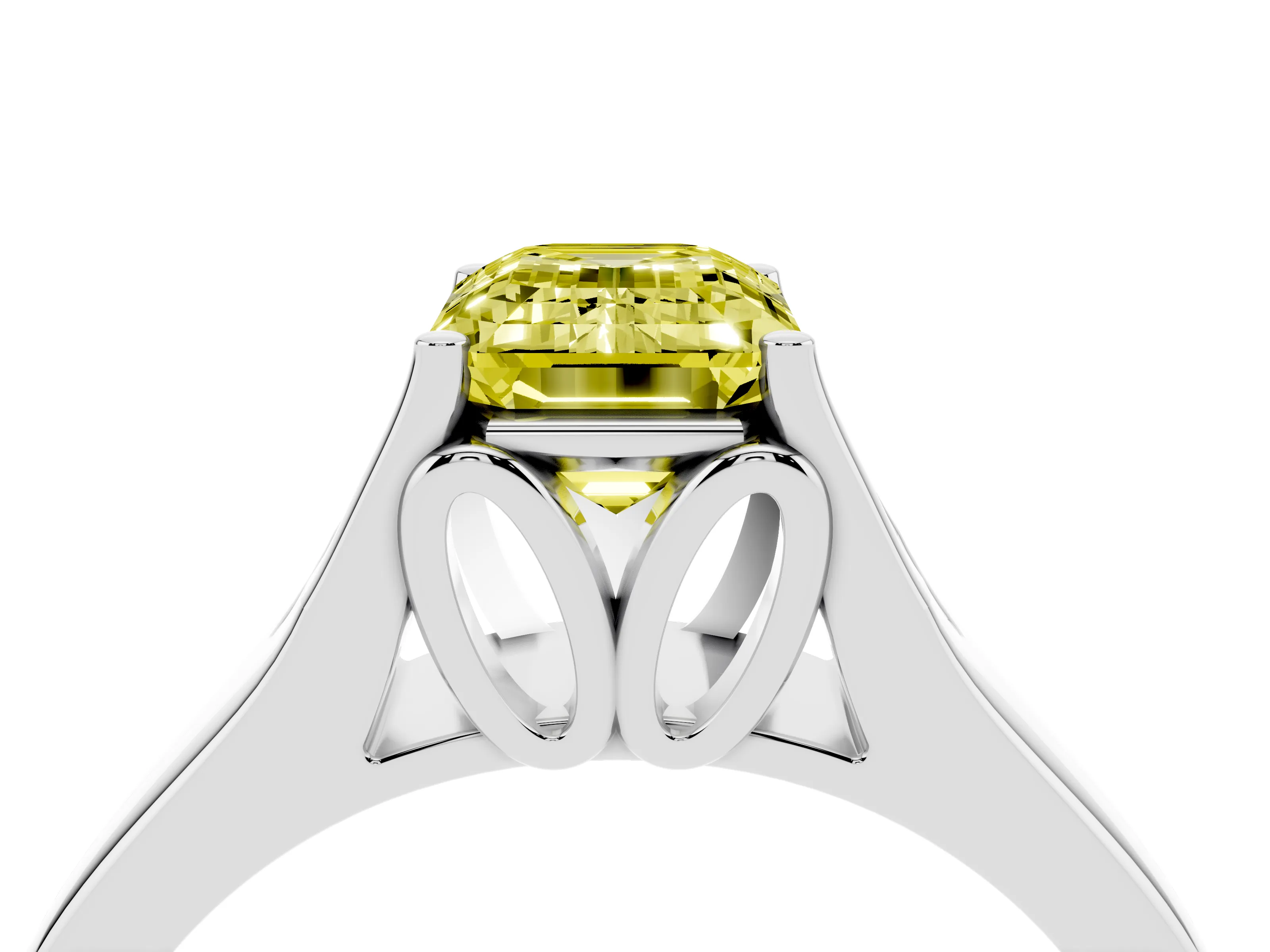 Fancy Yellow Emerald Cut Diamond Solitaire Ring Set in White gold with Arched Cathedral Band and Prong Setting