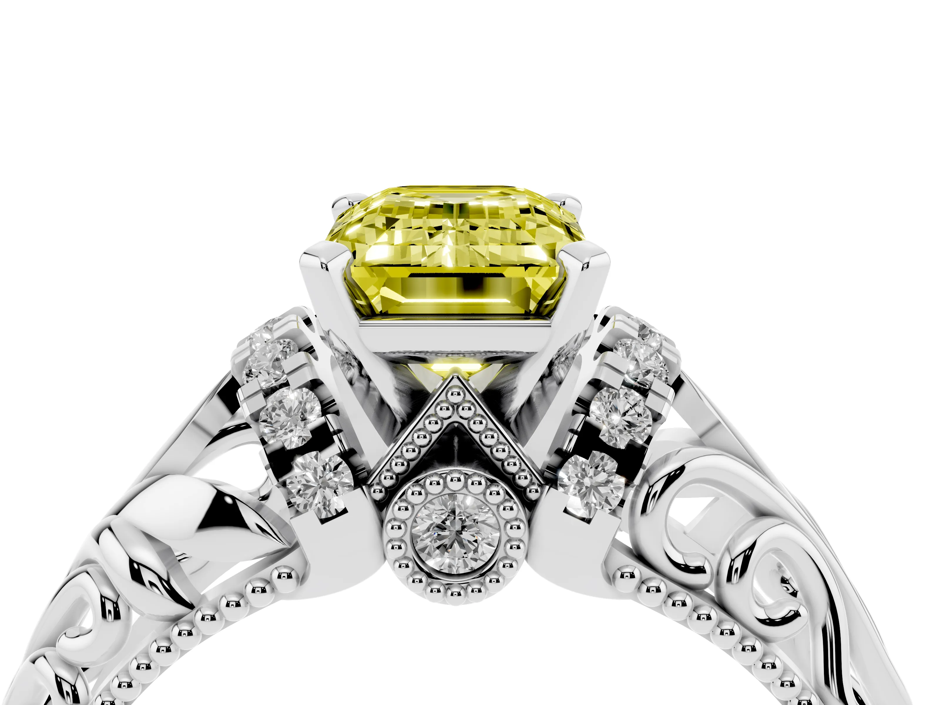 Fancy Yellow Emerald Cut Diamond Filigree Halo Engagement Ring Set in White gold with Prong Setting