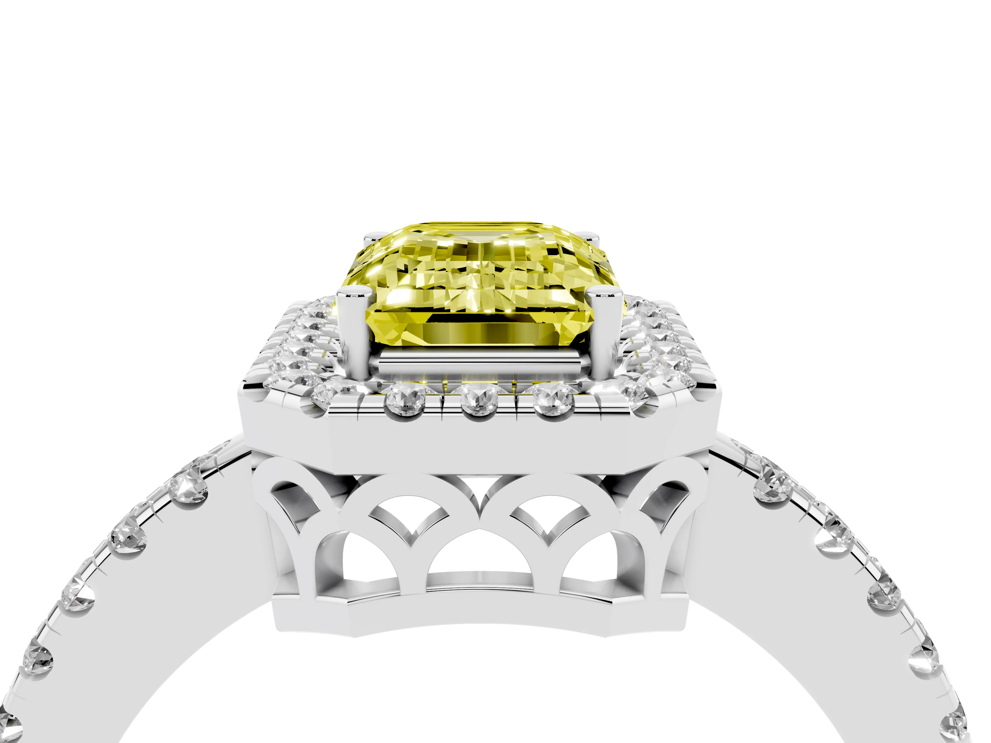 Fancy Yellow Emerald Cut Diamond Pavé Band Halo Engagement Ring Set in White gold with Prong Setting
