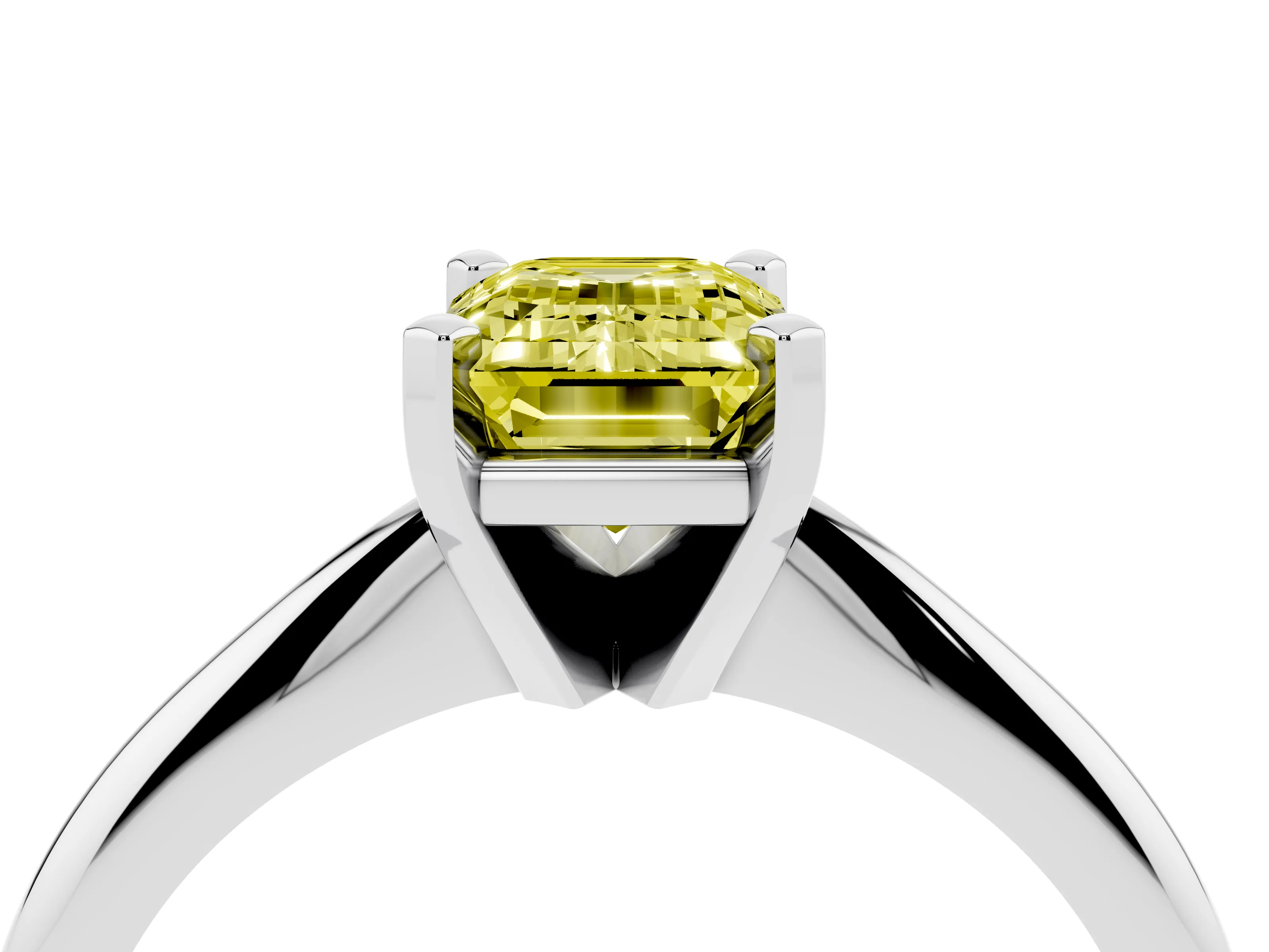 Fancy Yellow Emerald Cut Diamond Solitaire Ring Set in Silver with Prong Setting on a Plain Round Band