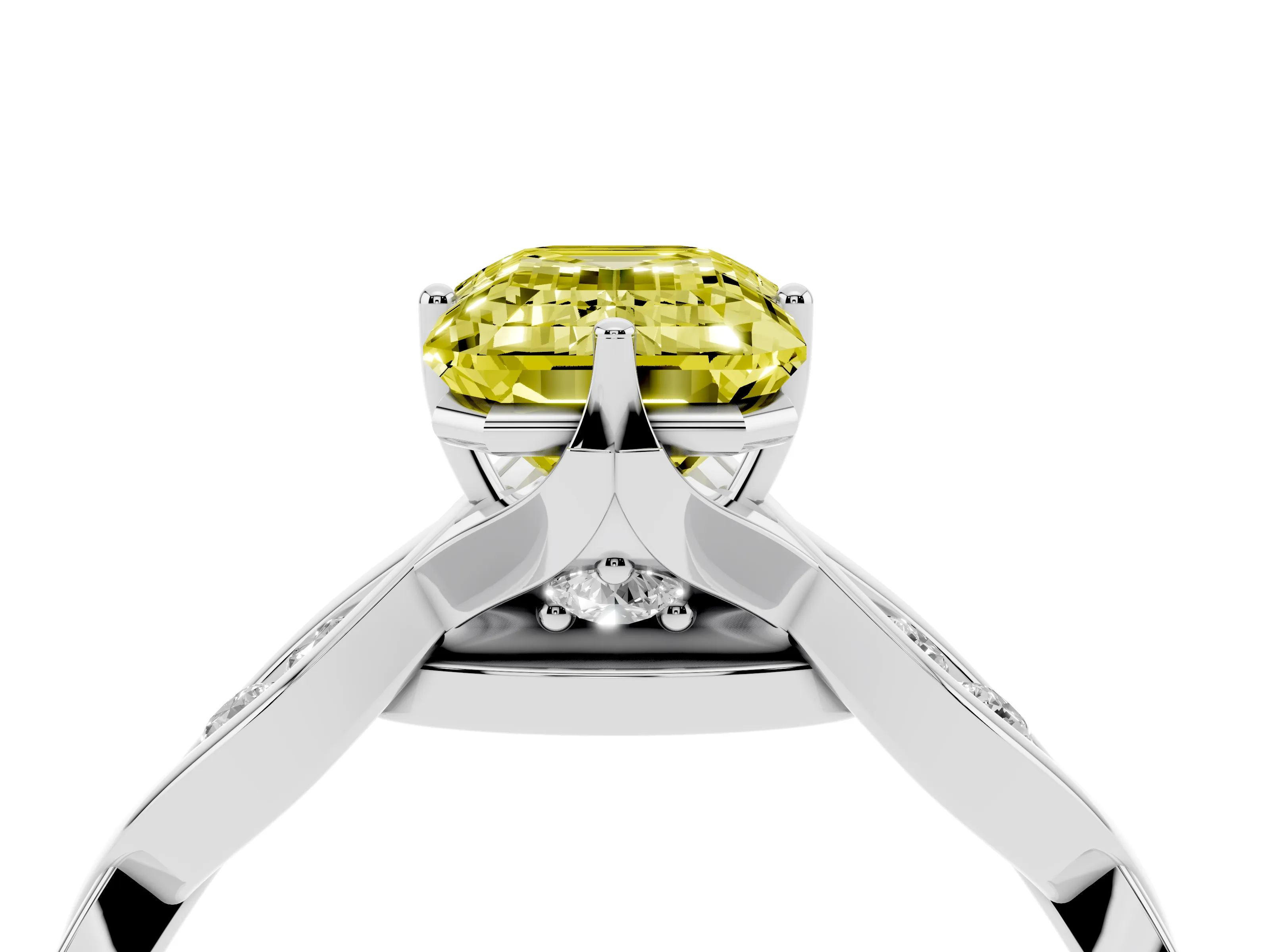 Fancy Yellow Emerald Cut Diamond Twist Band Solitaire Ring Set in Platinum with Leaf Prong Setting and Accent Stones