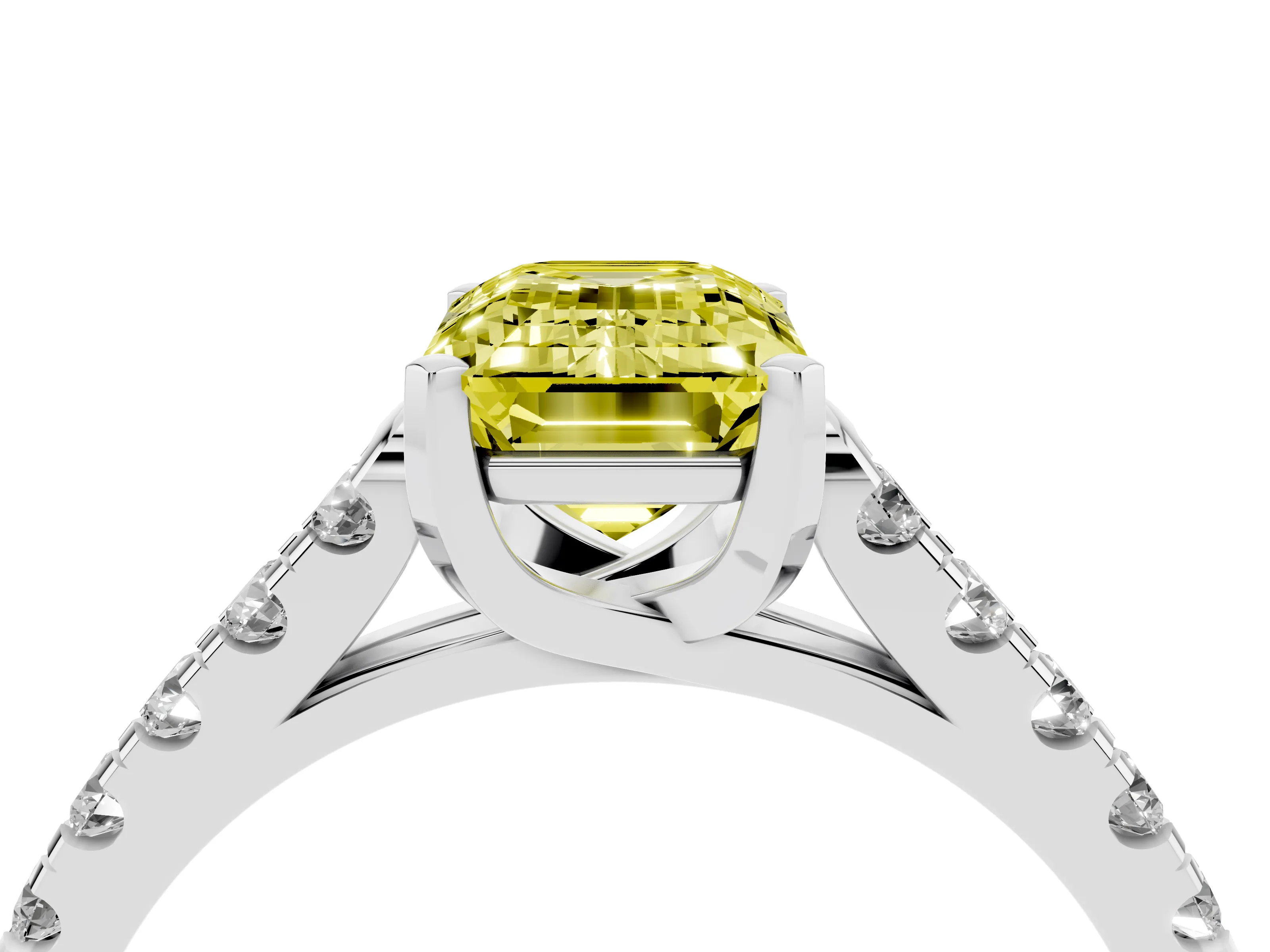 Fancy Yellow Emerald Cut Diamond Pavé Band Solitaire Ring Set in White gold with Partway Accent Stones and Prong Setting