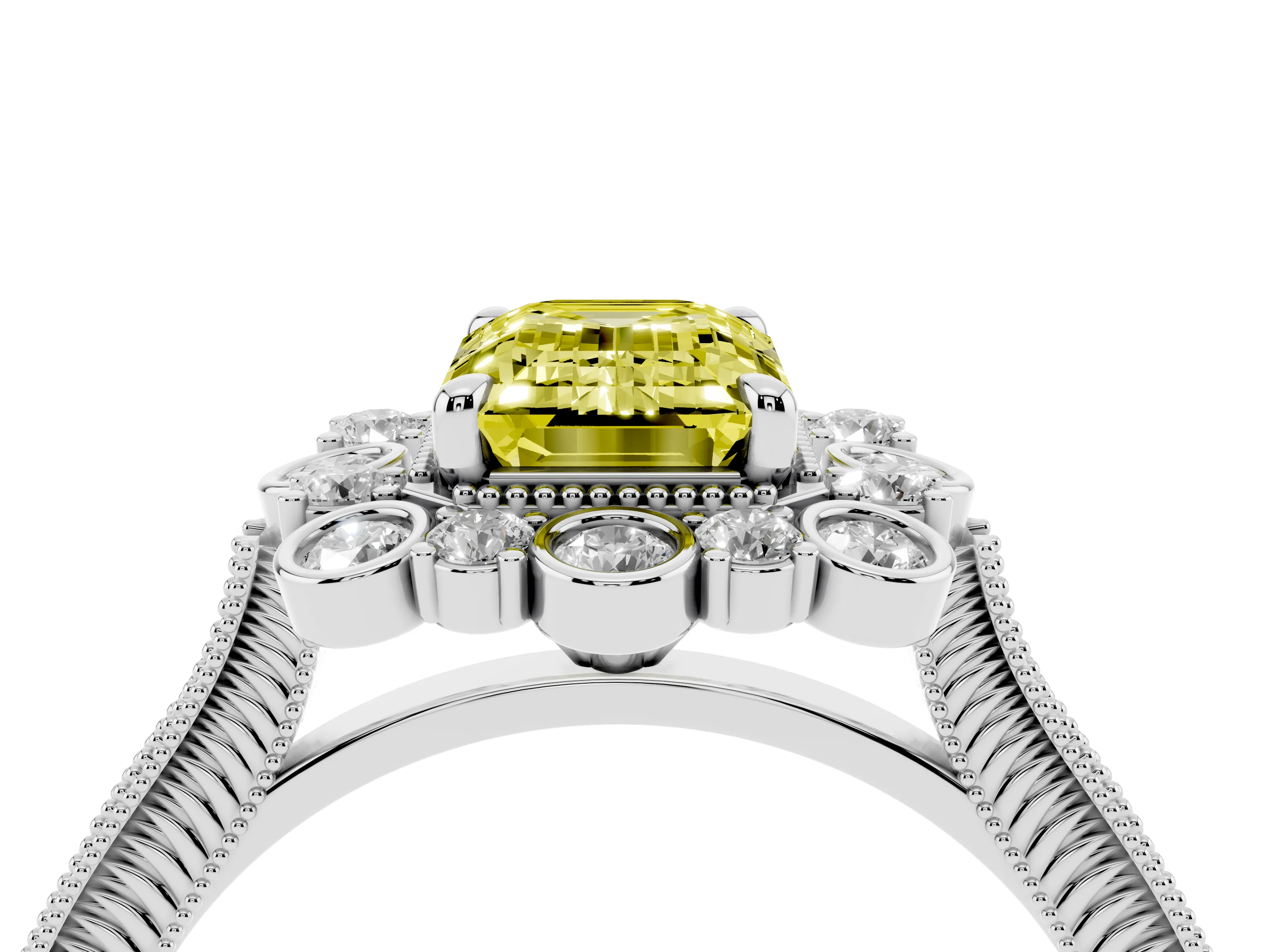Fancy Yellow Emerald Cut Diamond Halo Milgrain Pavé Ring Set in White gold with Prong Setting