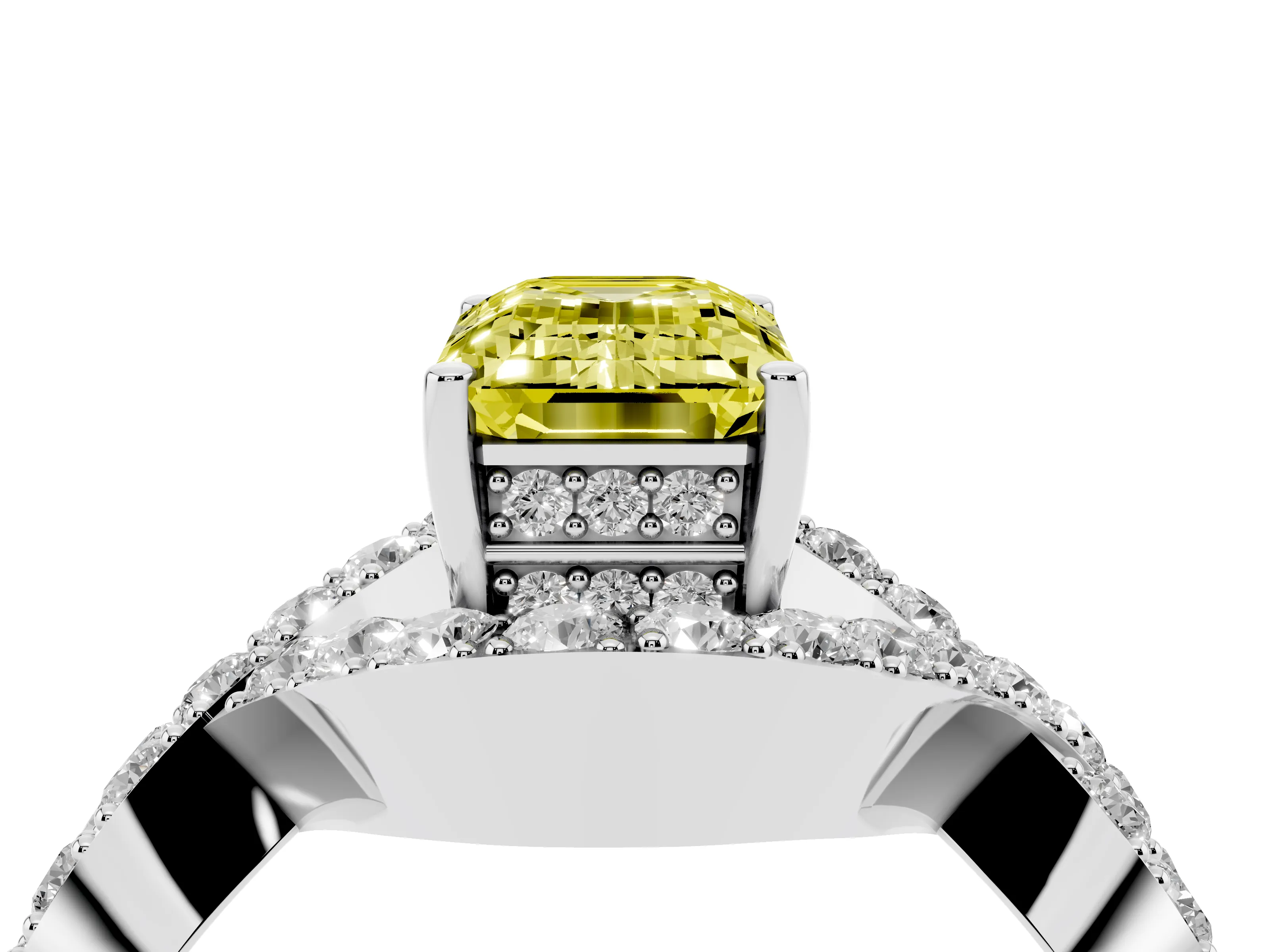 Fancy Yellow Emerald Cut Diamond Solitaire Twist Band Pavé Engagement Ring Set in Platinum