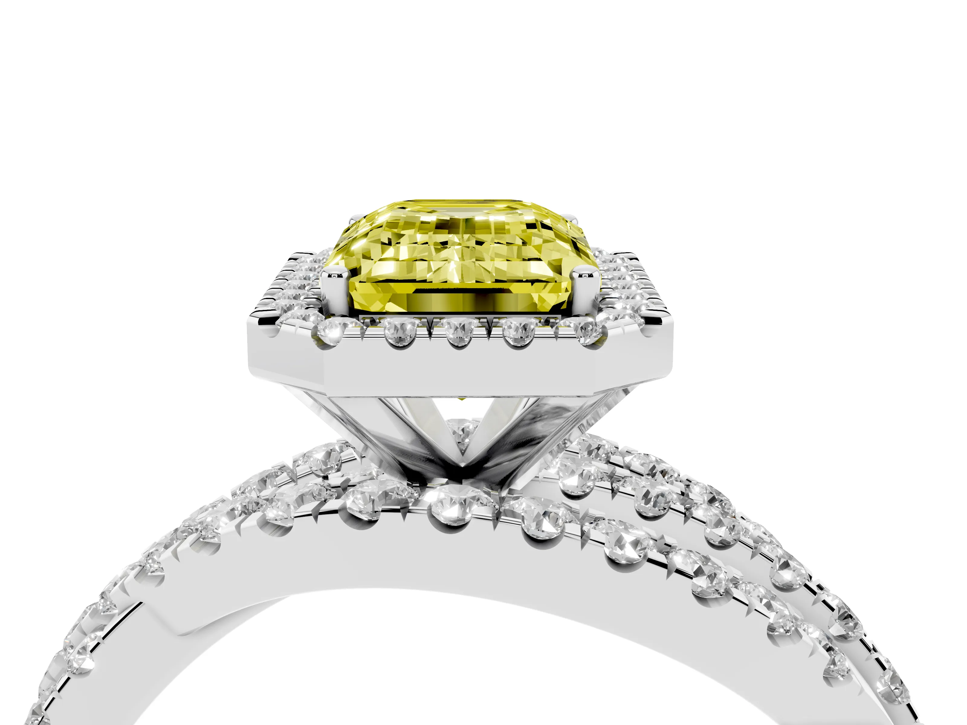 Fancy Yellow Emerald Cut Diamond Halo Ring Set in Platinum with Round Crossover Split Shank and Prong Setting