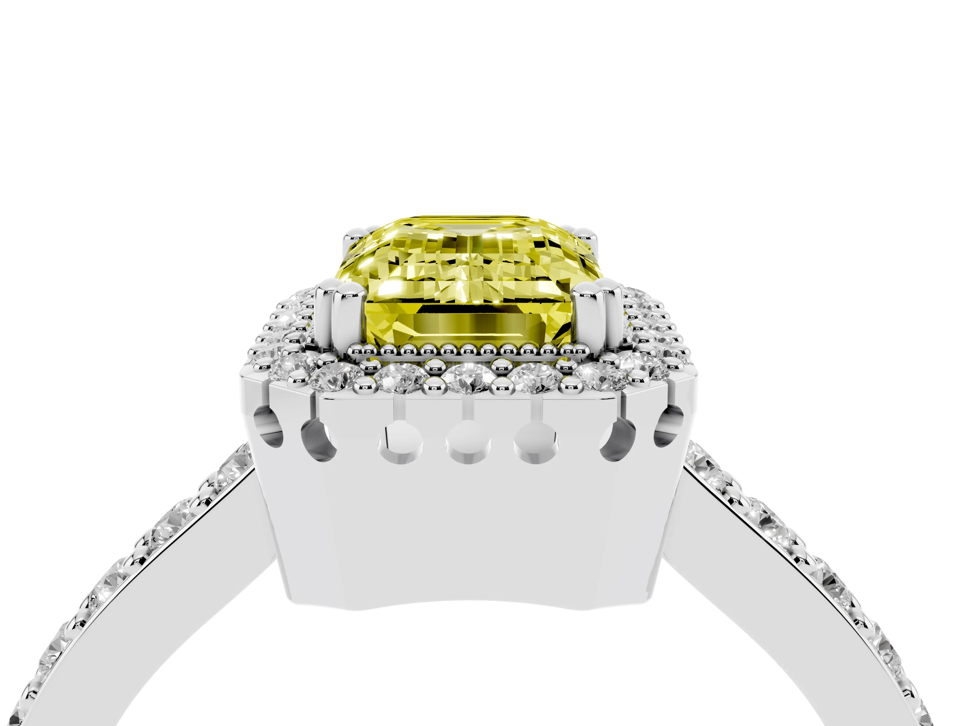 Fancy Yellow Emerald Cut Diamond Halo Engagement Ring Set in White gold with Milgrain Detail and Pavé Band