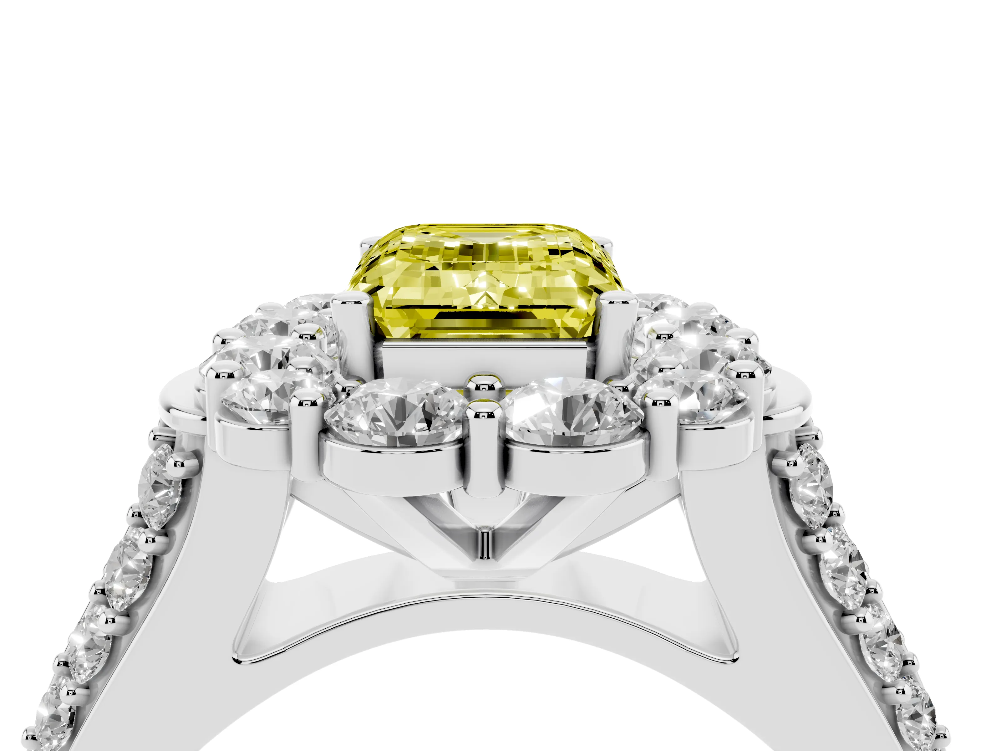 Fancy Yellow Emerald Cut Diamond Halo Engagement Ring Set in Silver with Split Shank and Prong Setting