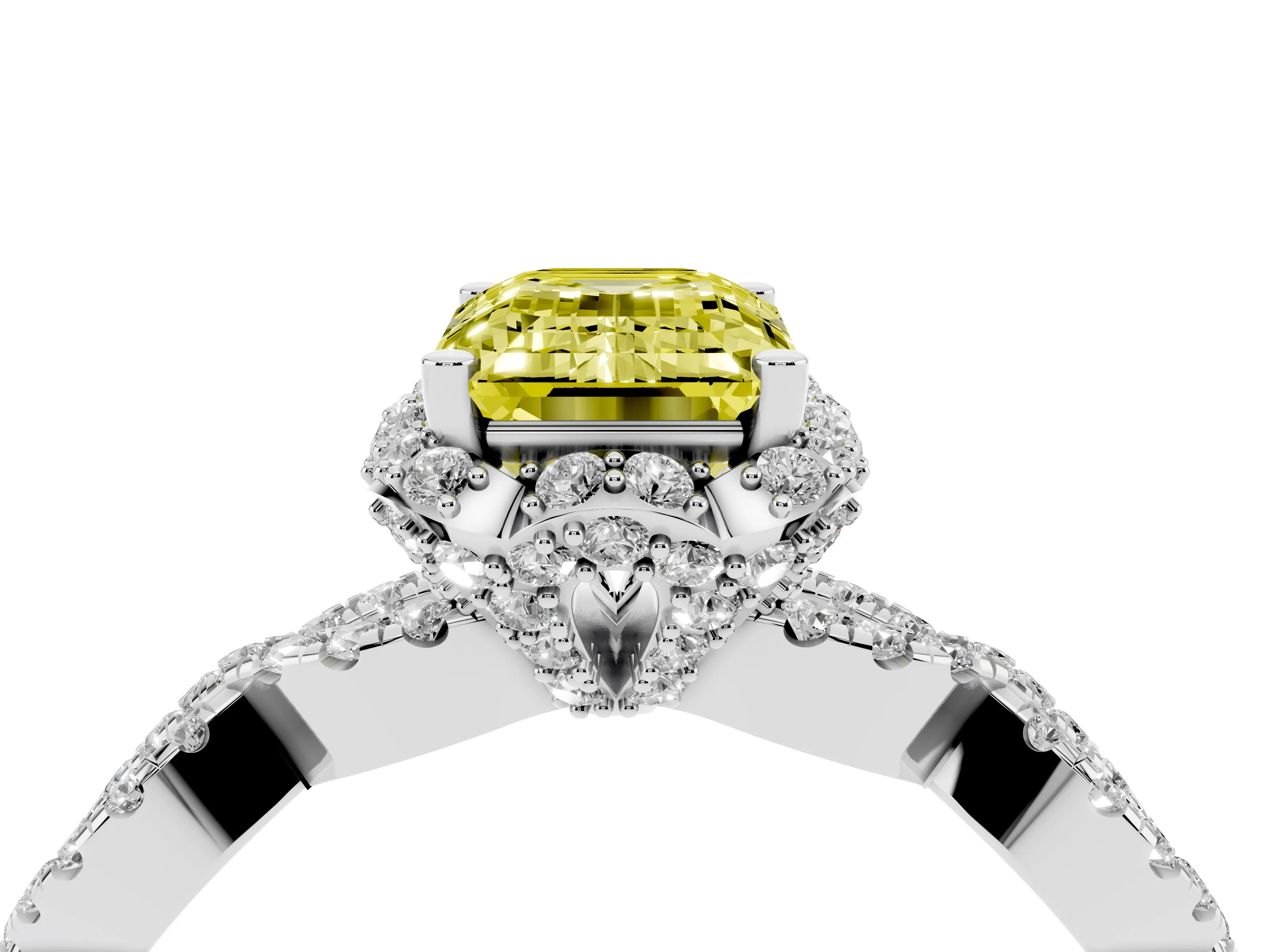 Fancy Yellow Emerald Cut Diamond Halo Twist Band Solitaire Ring Set in Platinum with Prong-Set Center Stone