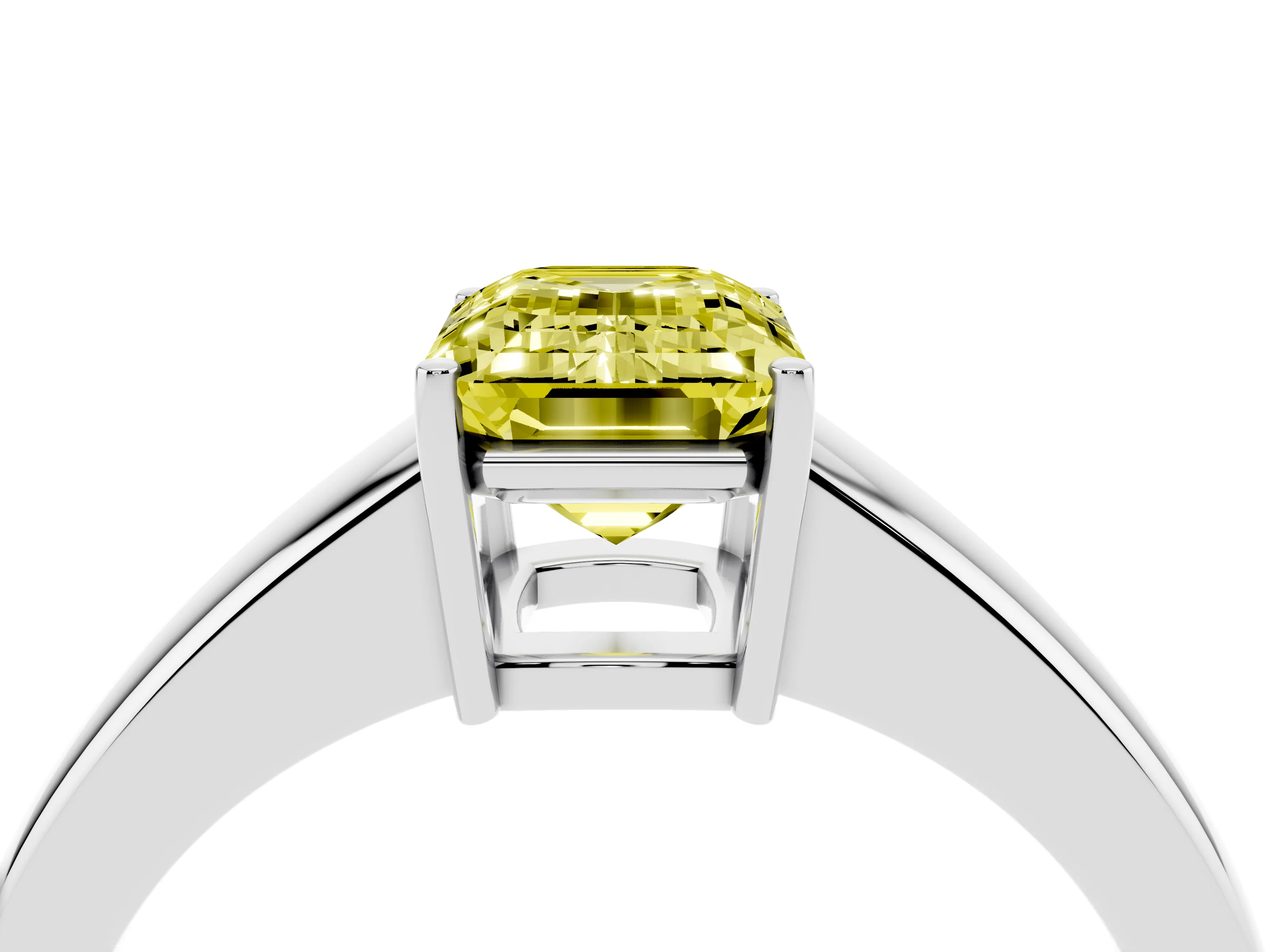 Fancy Yellow Emerald Cut Diamond Solitaire Ring Set in White gold with Tapered Band and Prong Setting