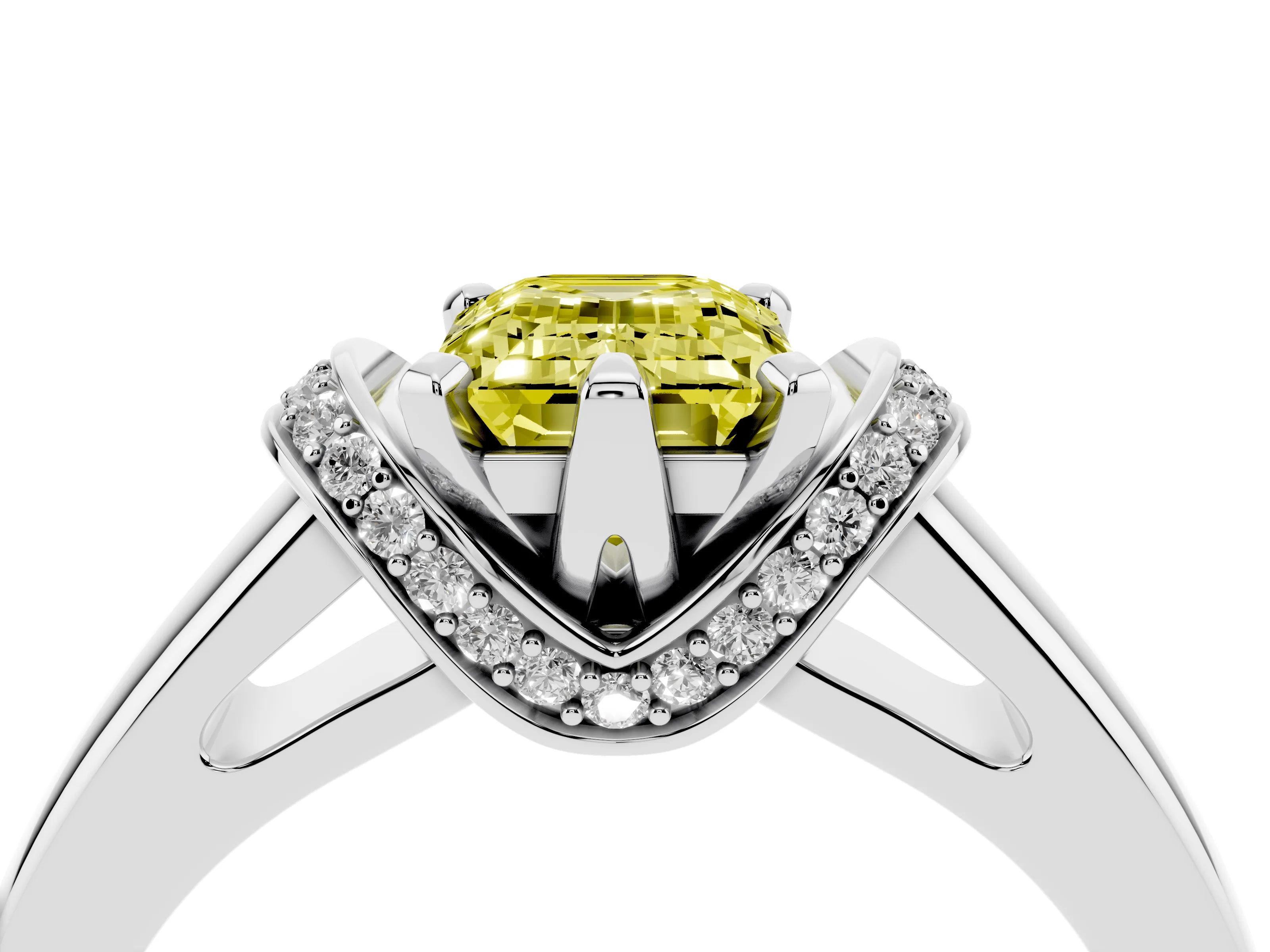 Fancy Yellow Emerald Cut Diamond Pavé Band Solitaire Ring Set in White gold with Prong Setting