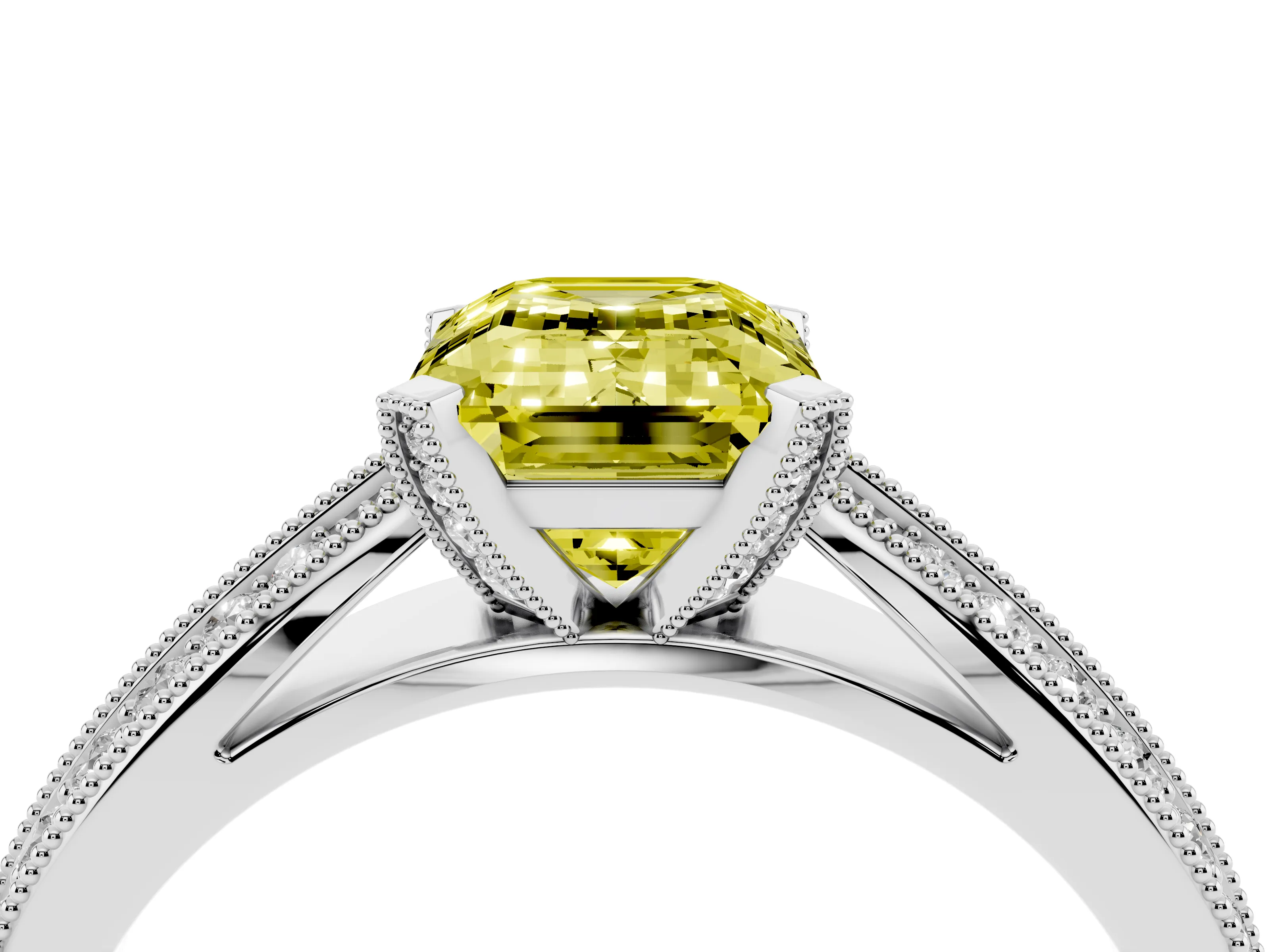 Fancy Yellow Emerald Cut Diamond Solitaire Ring Set in Platinum with Milgrain Double Row Round Pavé Band