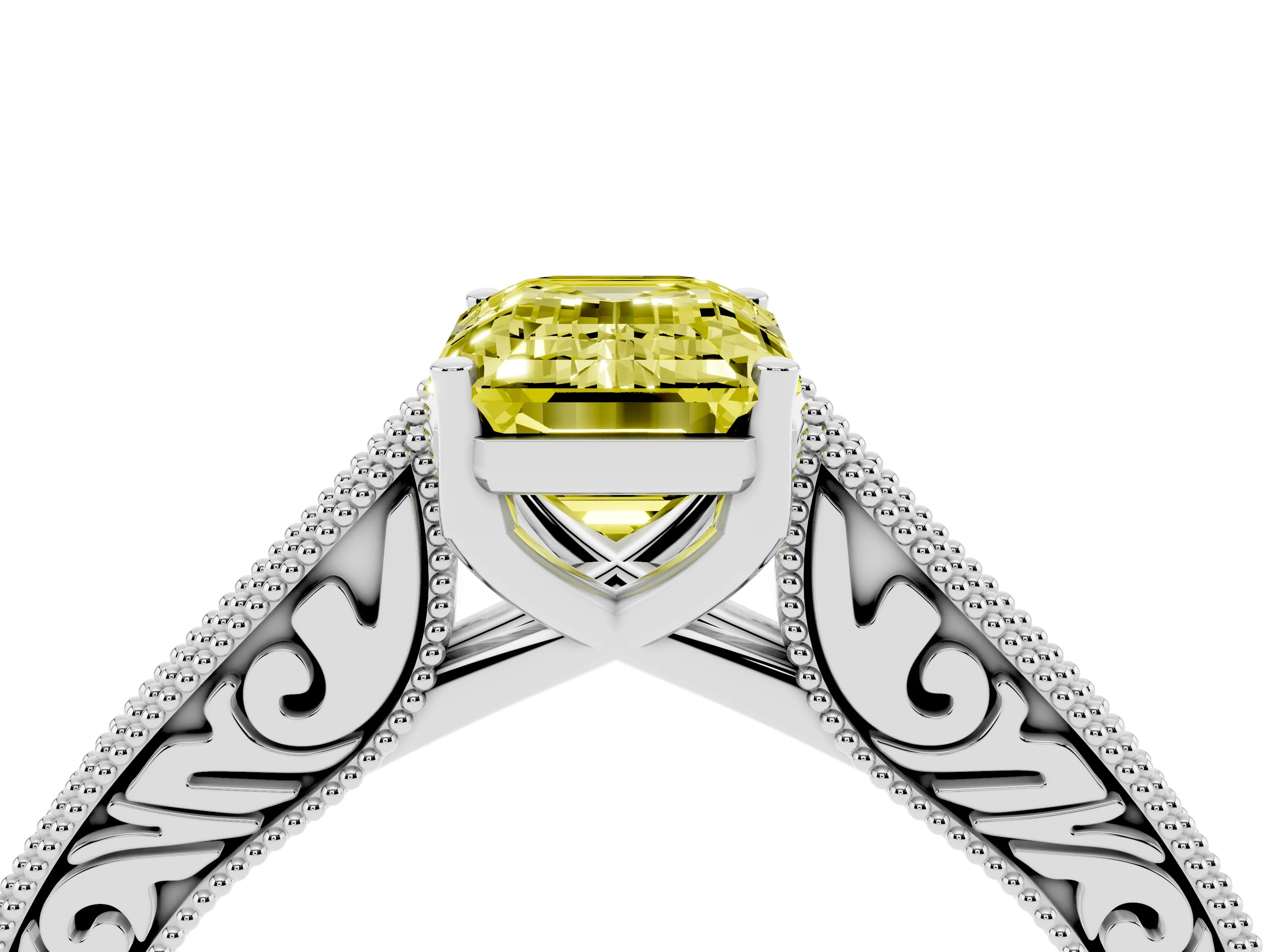 Fancy Yellow Emerald Cut Diamond Milgrain Pavé Band Solitaire Ring Set in Silver with Prong Setting