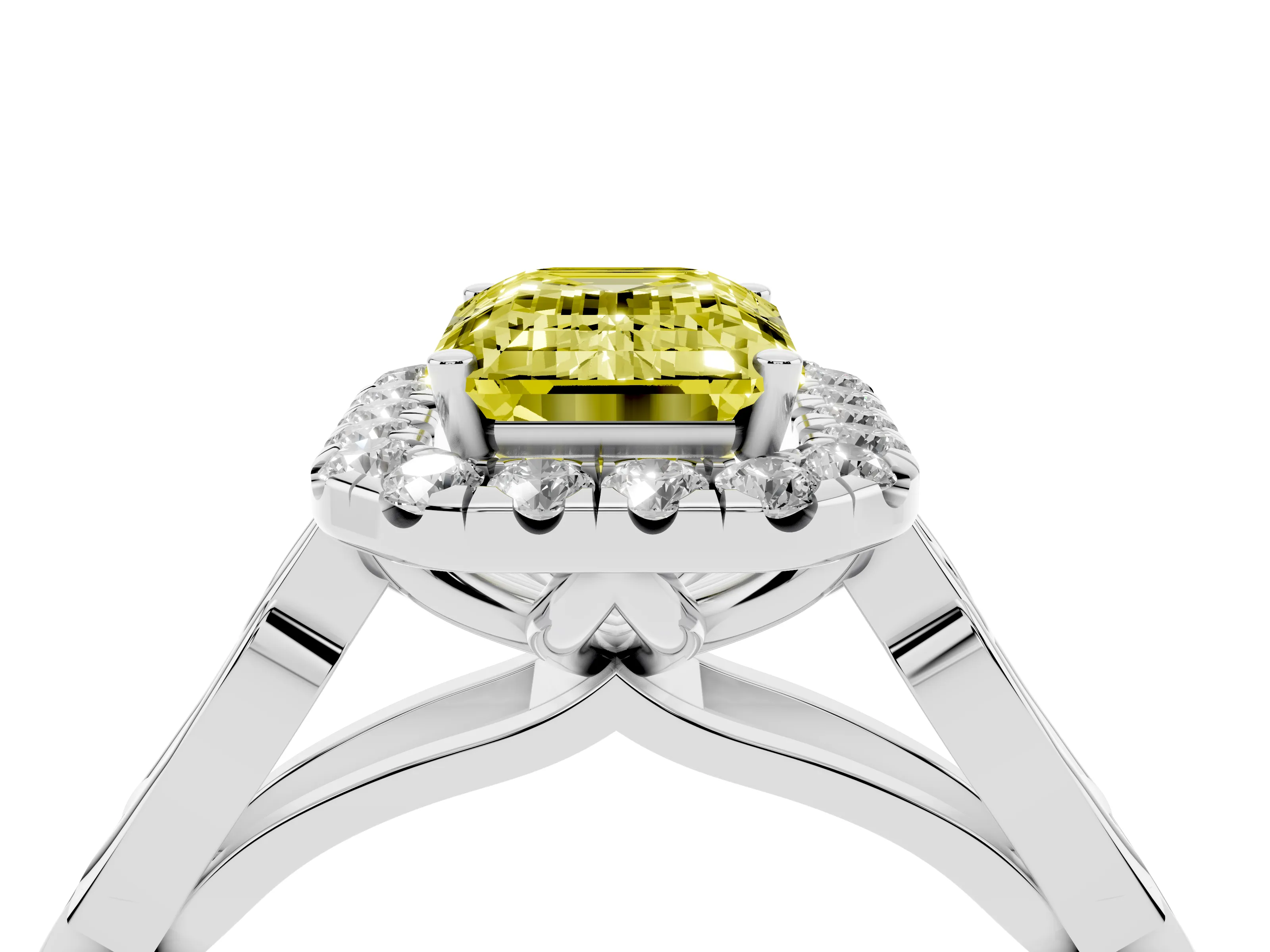 Fancy Yellow Emerald Cut Diamond Halo Engagement Ring Set in Platinum with Filigree Band and Prong-Set Center