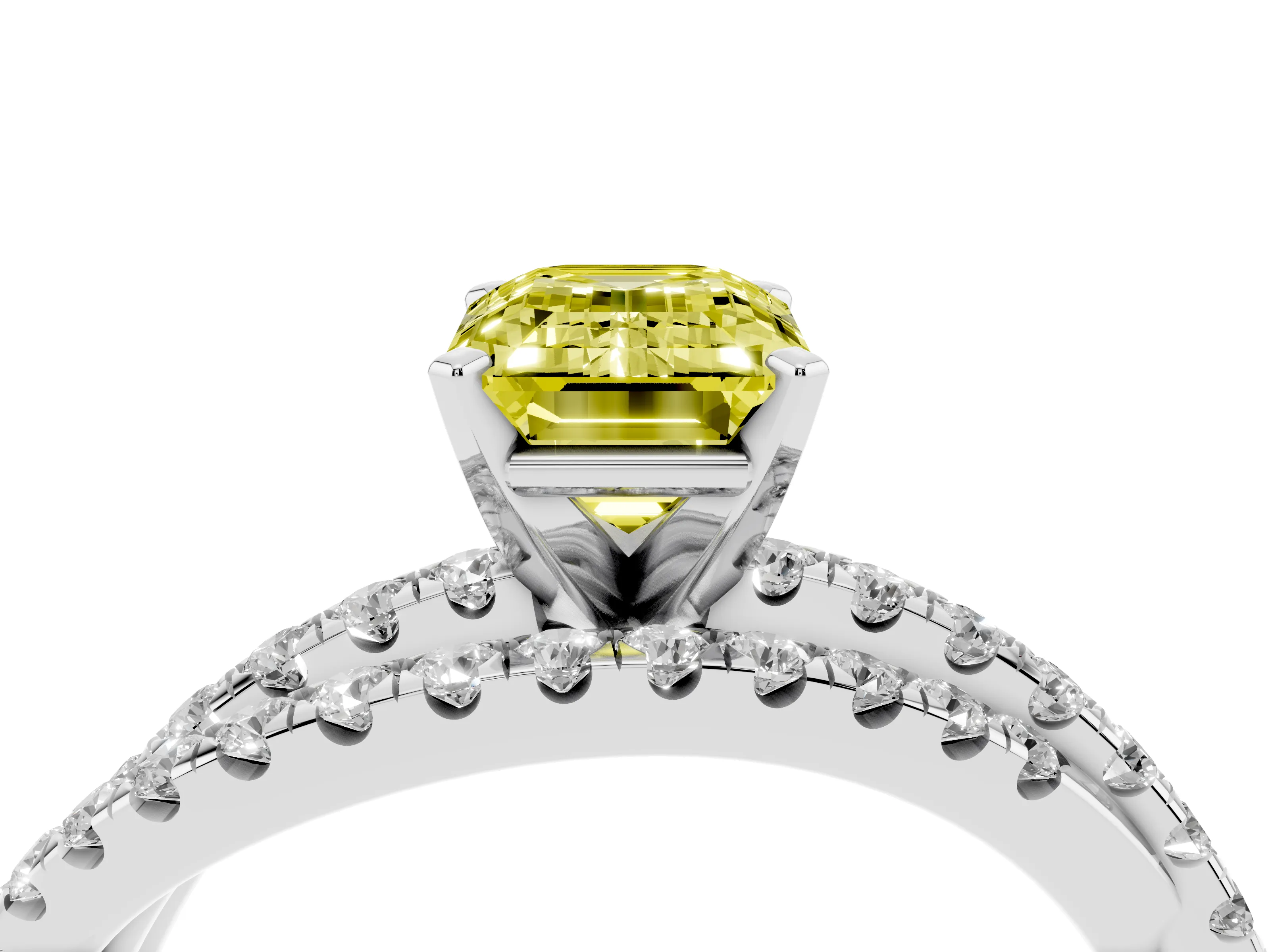 Fancy Yellow Emerald Cut Diamond Solitaire Twist Band Ring Set in Silver with Pavé Setting and Prong Head