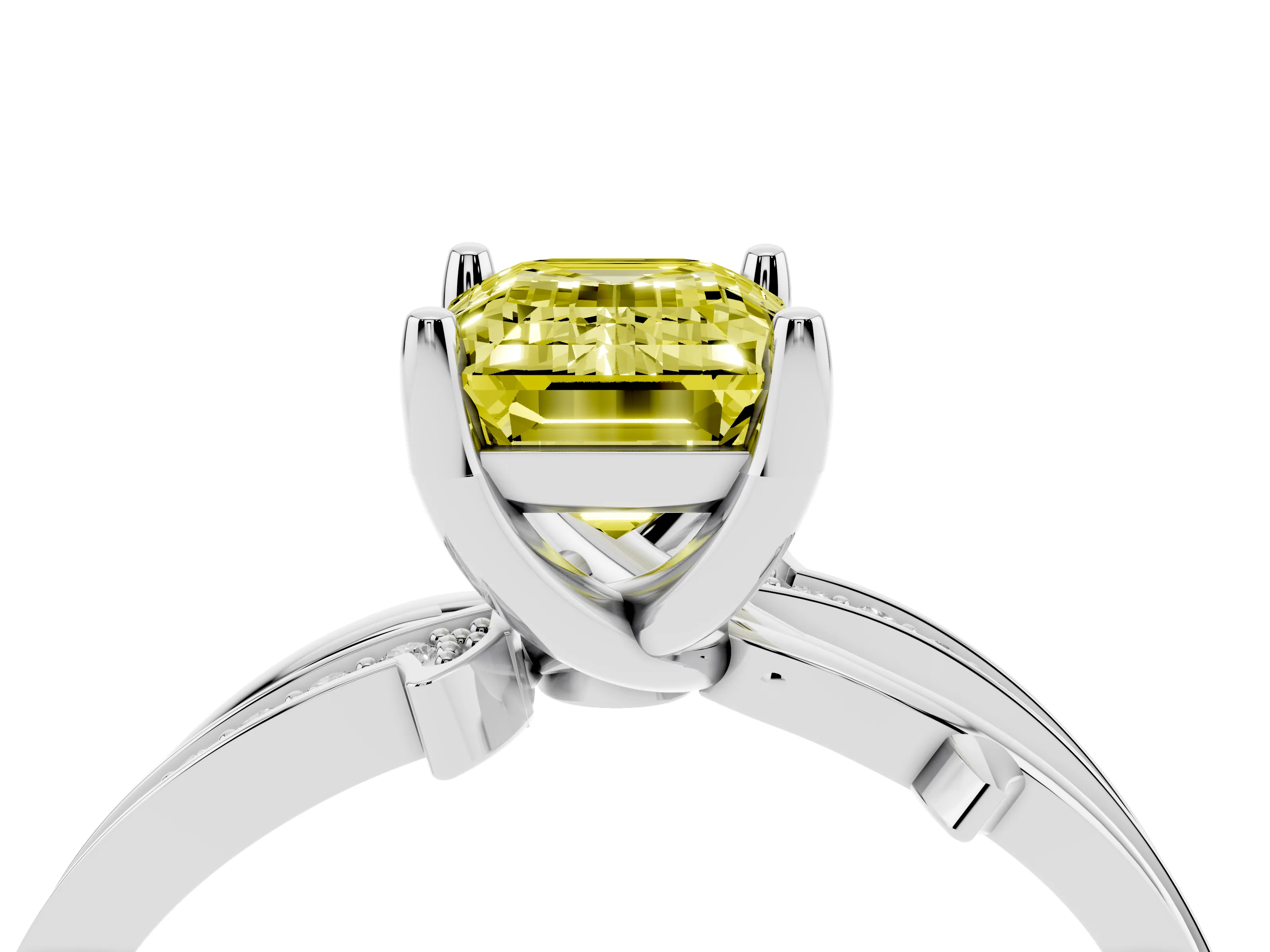 Fancy Yellow Emerald Cut Diamond Pavé Twist Band Solitaire Ring Set in Platinum with Prong Setting