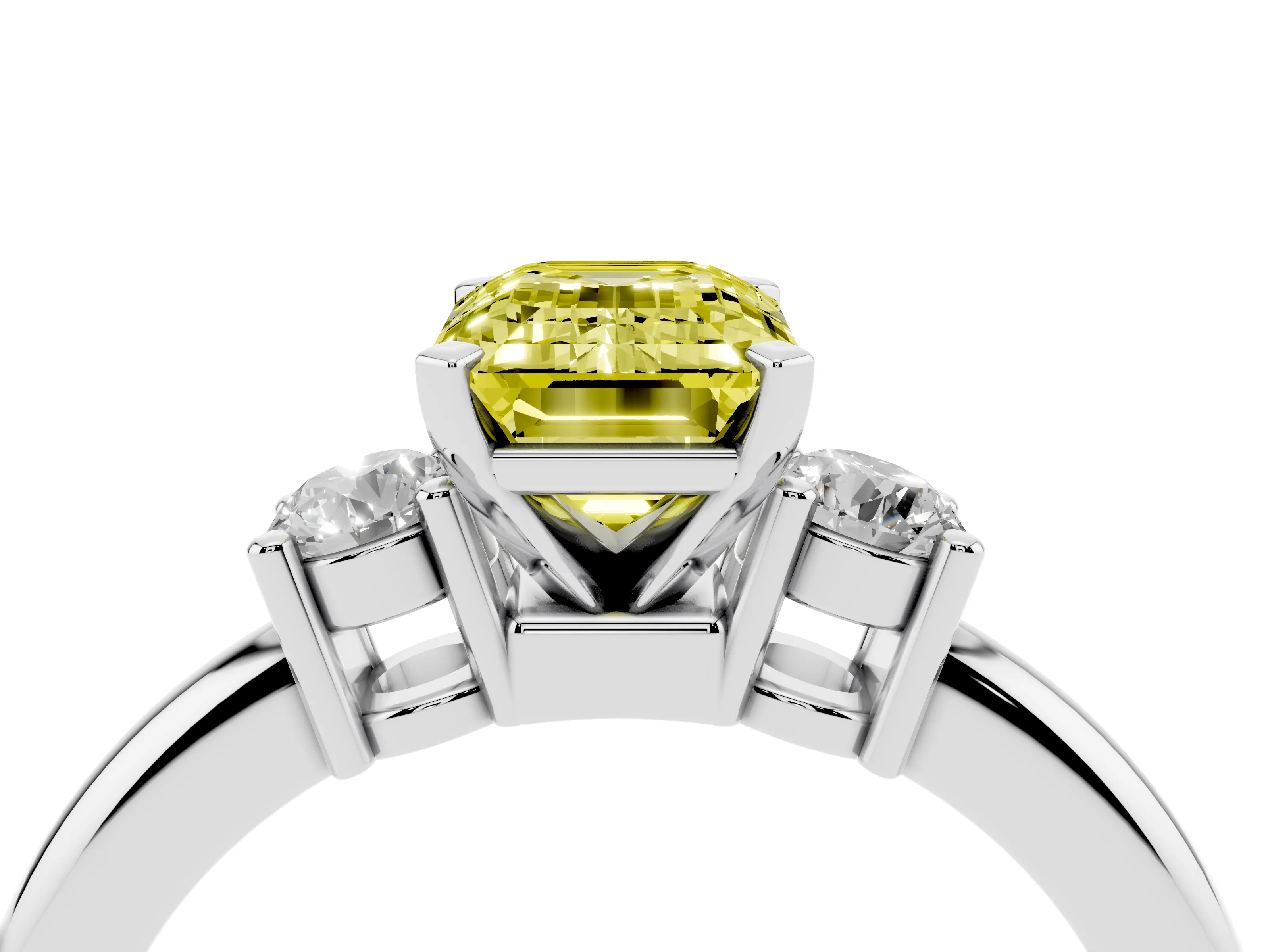 Fancy Yellow Three-Stone Emerald Cut Diamond Ring Set in Silver with Prong Setting and Plain Band