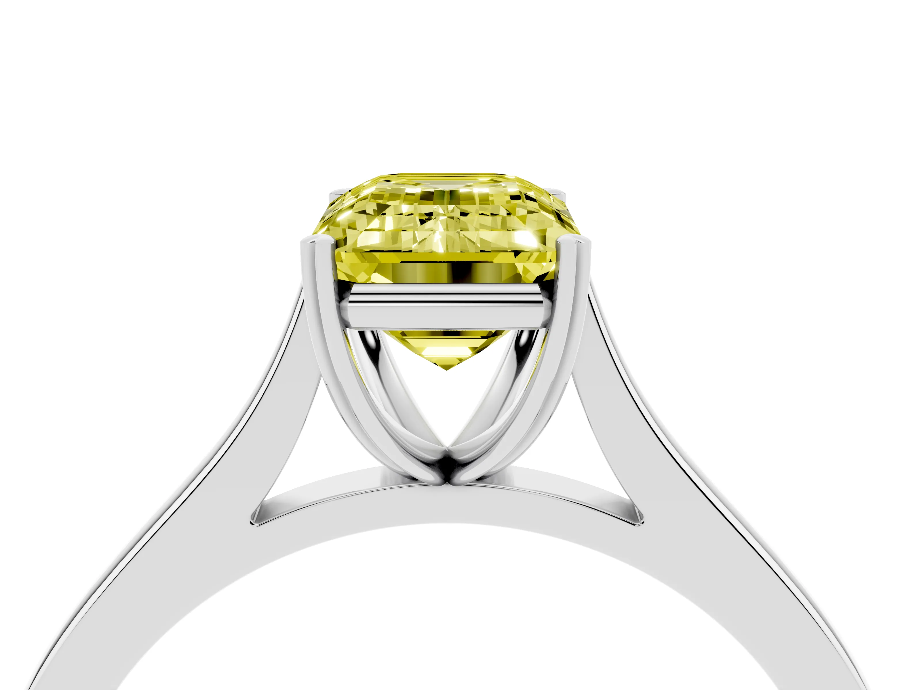 Fancy Yellow Emerald Cut Diamond Solitaire Heart Prong Engagement Ring Set in Platinum with Tapered Band