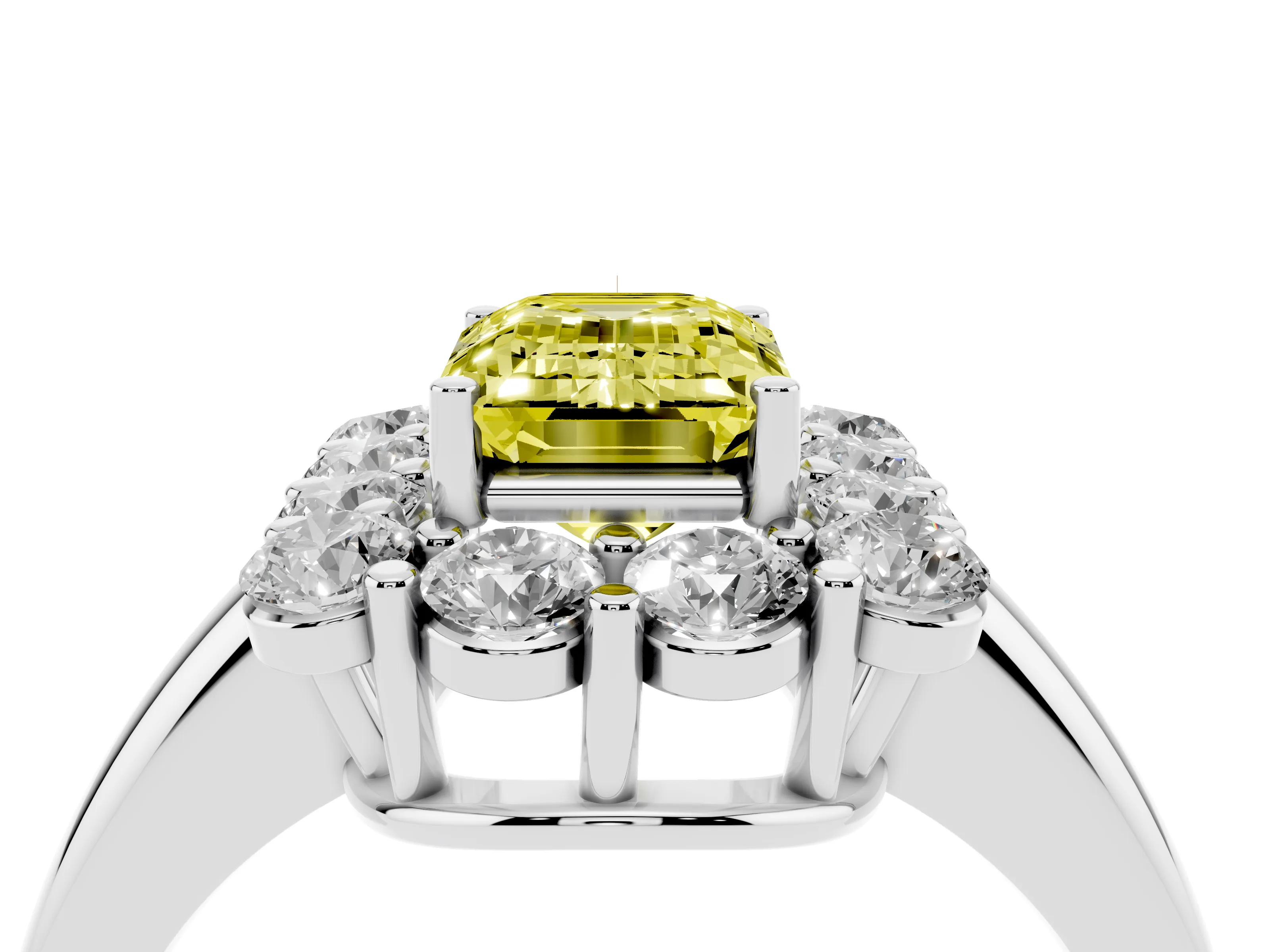 Fancy Yellow Emerald Cut Diamond Halo Cluster Engagement Ring Set in White gold with Polished Band and Prong Setting