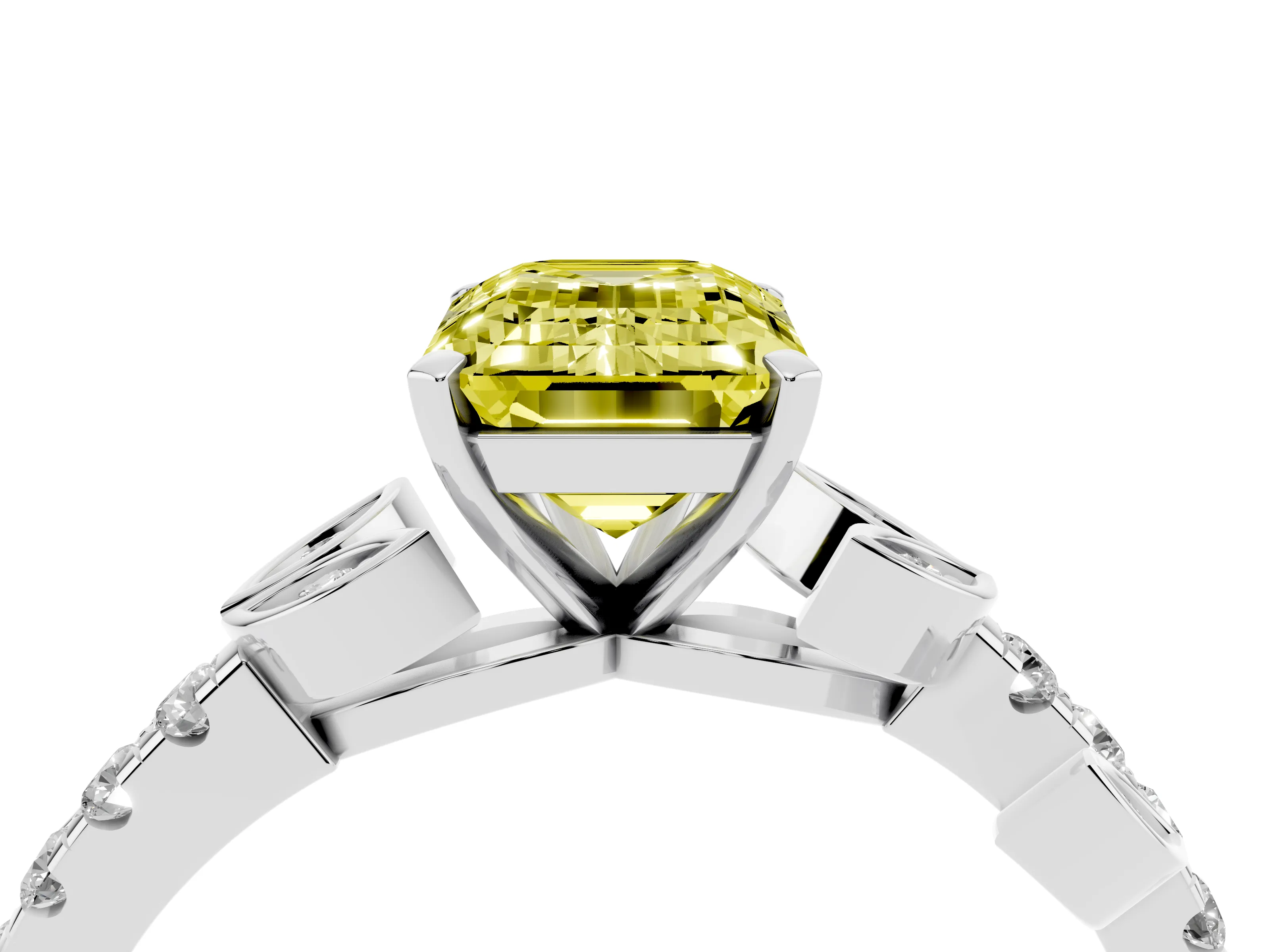 Fancy Yellow Emerald Cut Diamond Solitaire Leaf-Inspired Ring Set in Silver with Pavé Band and Prong Setting