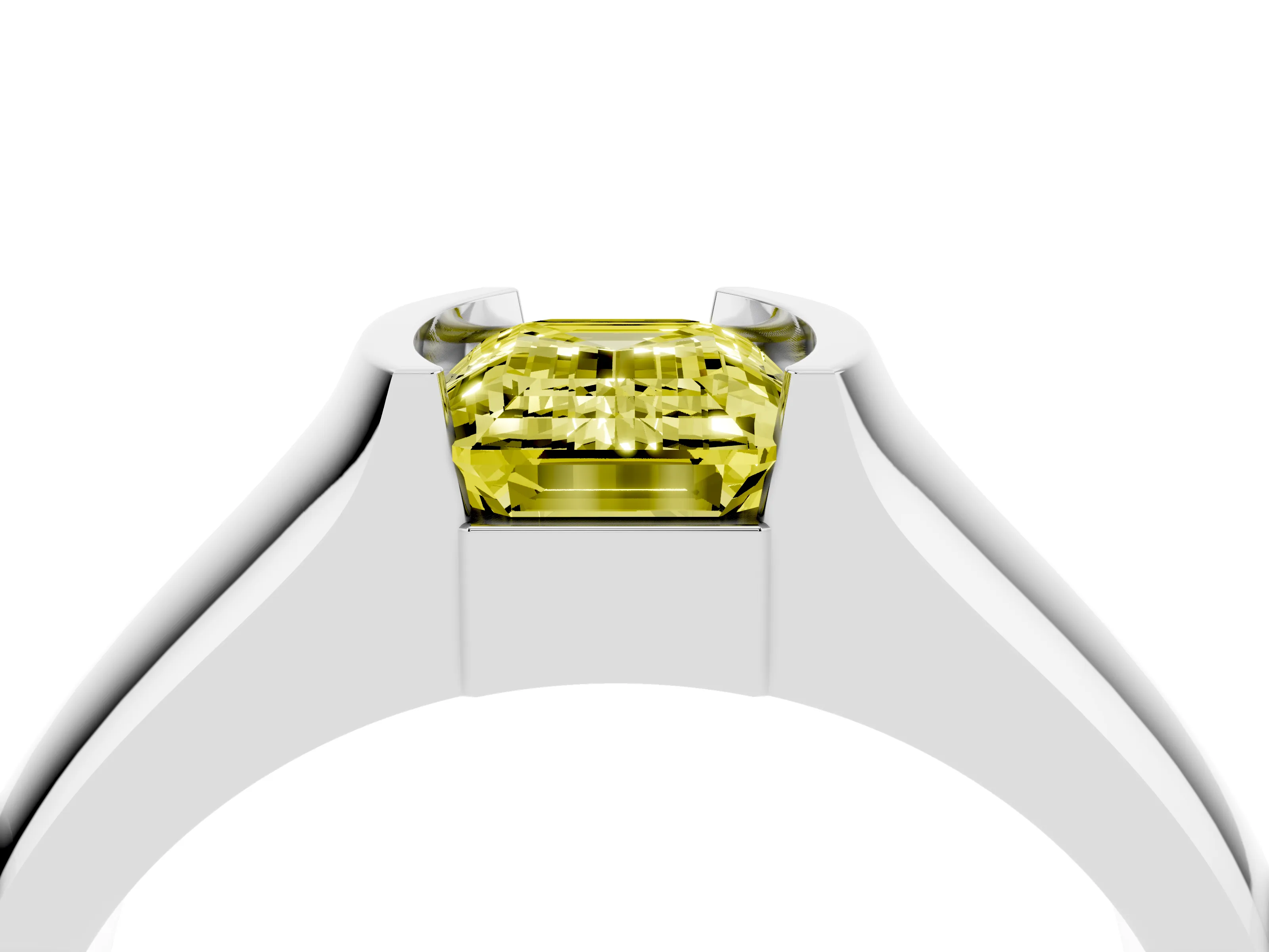 Fancy Yellow Emerald Cut Diamond Bezel Solitaire Ring Set in Silver with Wide Band
