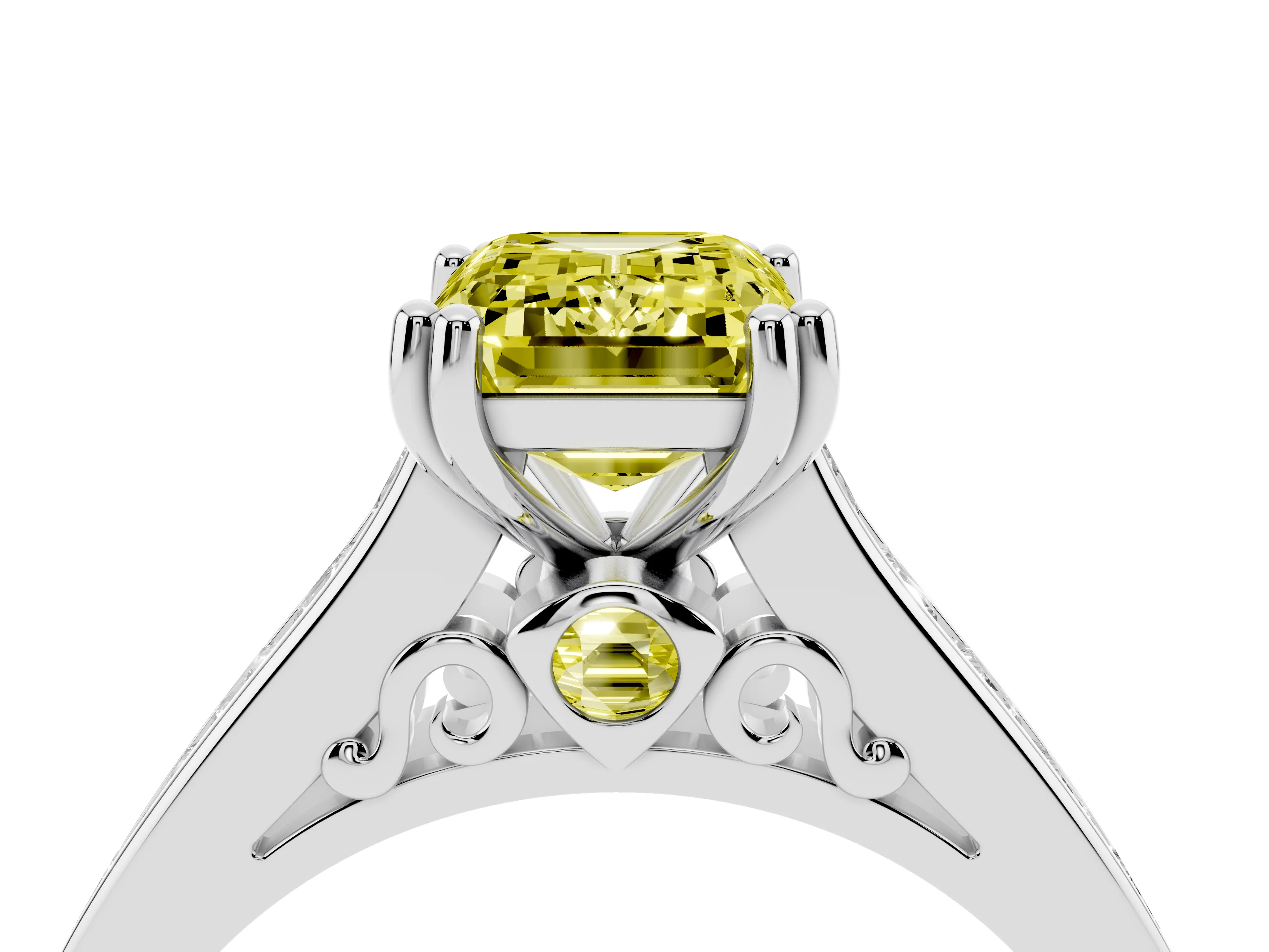 Fancy Yellow Emerald Cut Diamond Channel Set Solitaire Engagement Ring Set in Platinum with Prong Setting