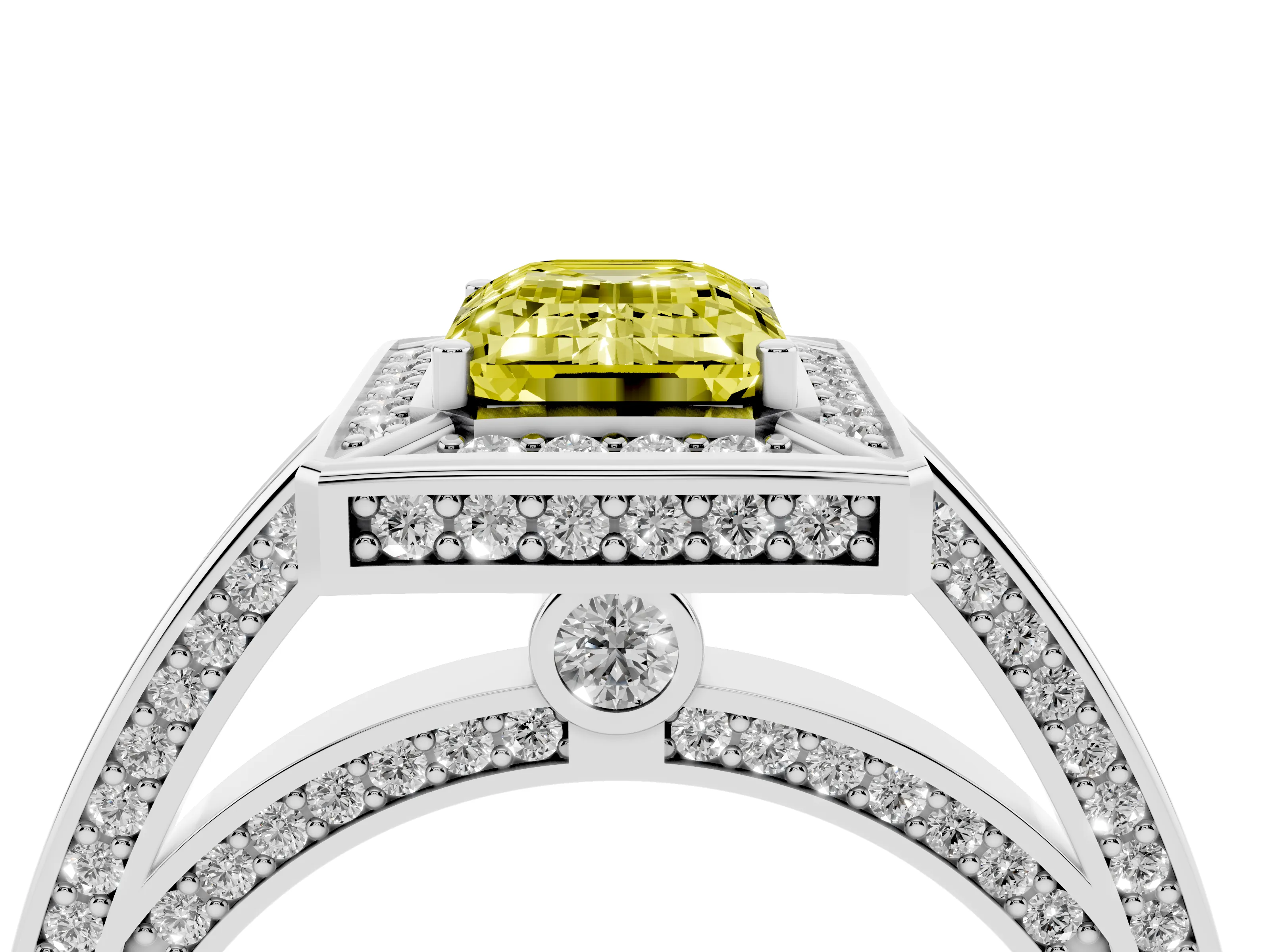 Fancy Yellow Emerald Cut Diamond Halo Pavé Split Shank Ring Set in Silver with Prong Setting