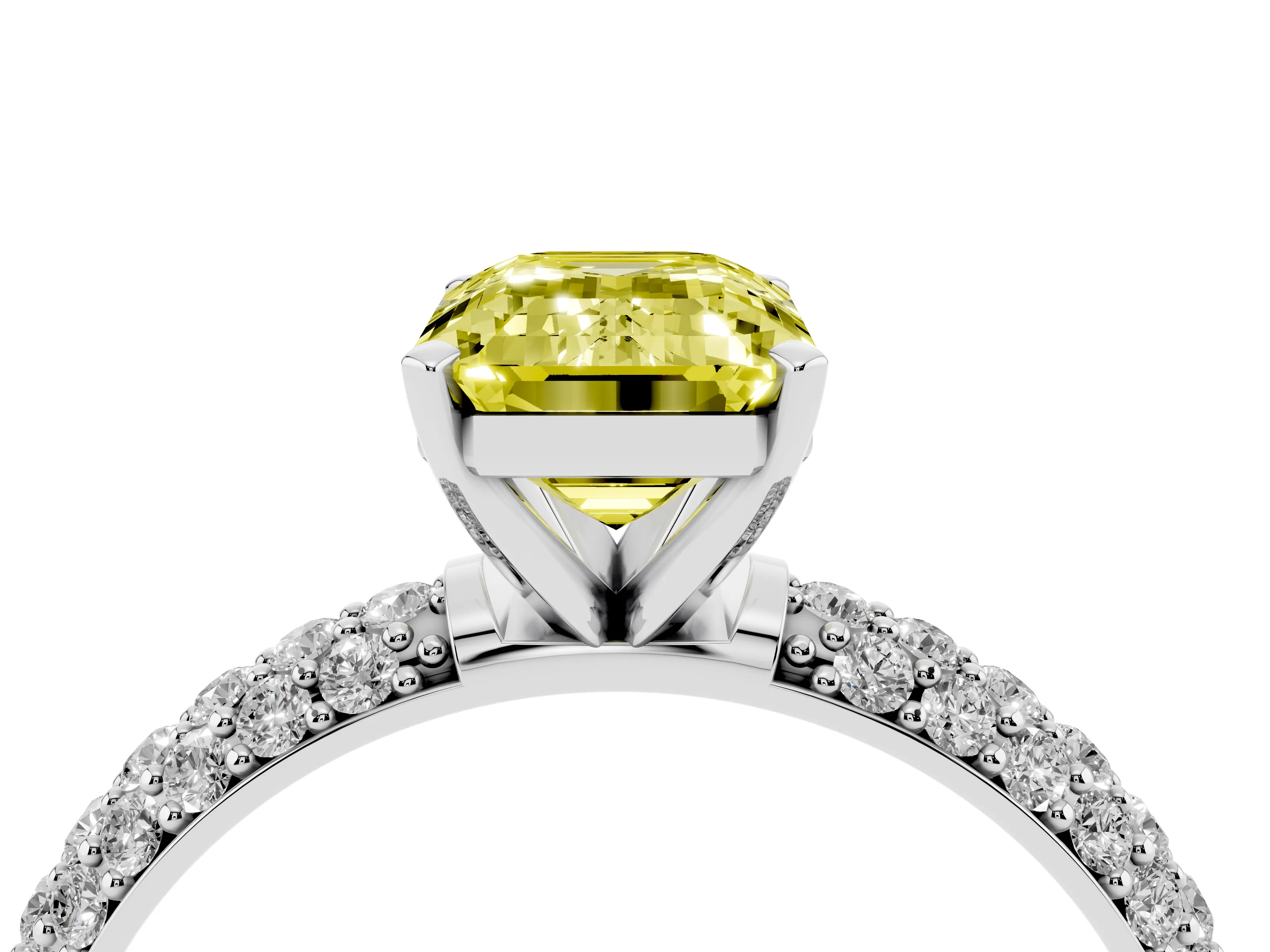 Fancy Yellow Emerald Cut Diamond Solitaire Ring Set in Platinum with Prong Setting and Pavé-Set Band