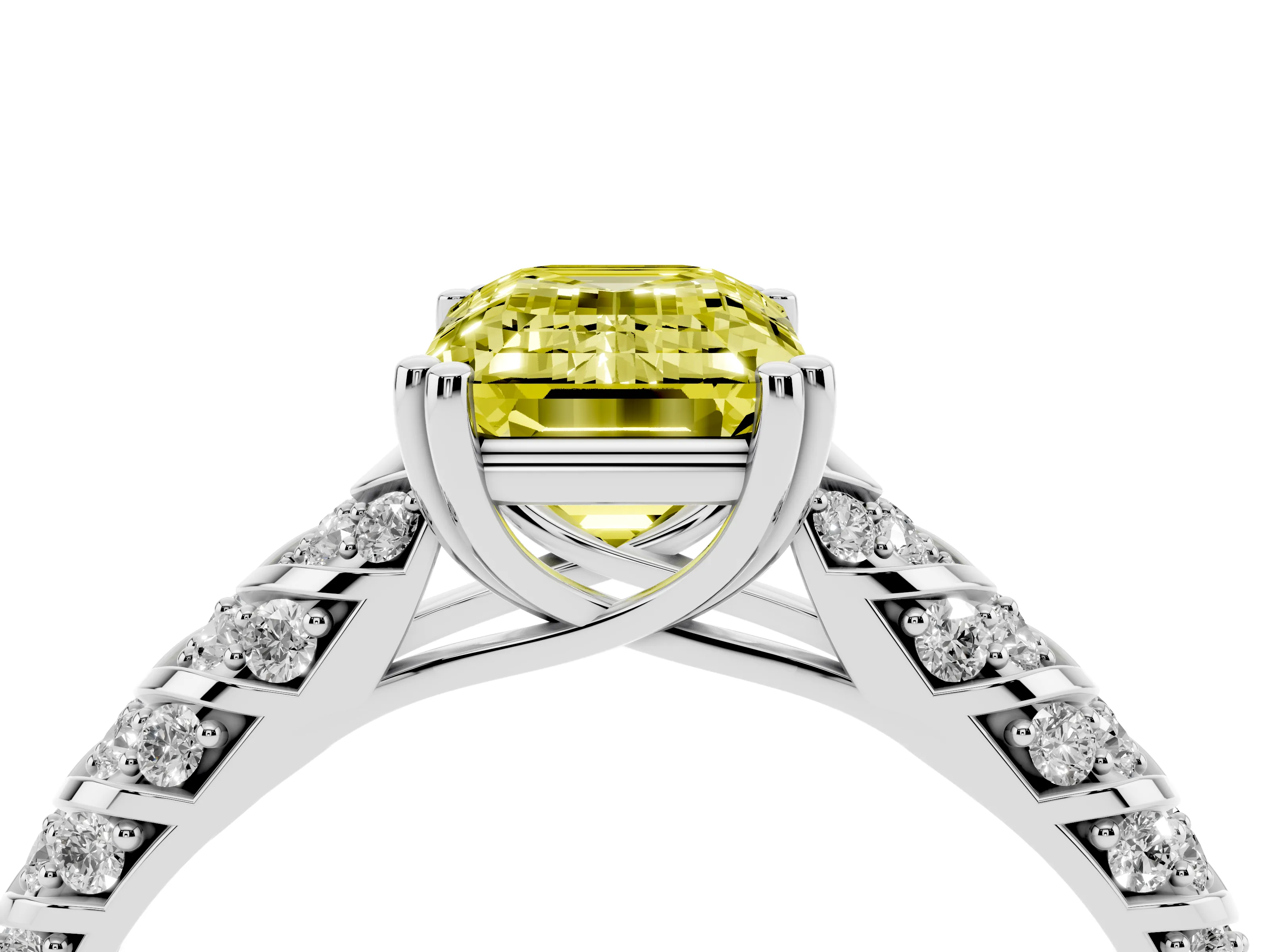 Fancy Yellow Emerald Cut Diamond Solitaire Chevron Pavé Engagement Ring Set in White gold with Prong Setting