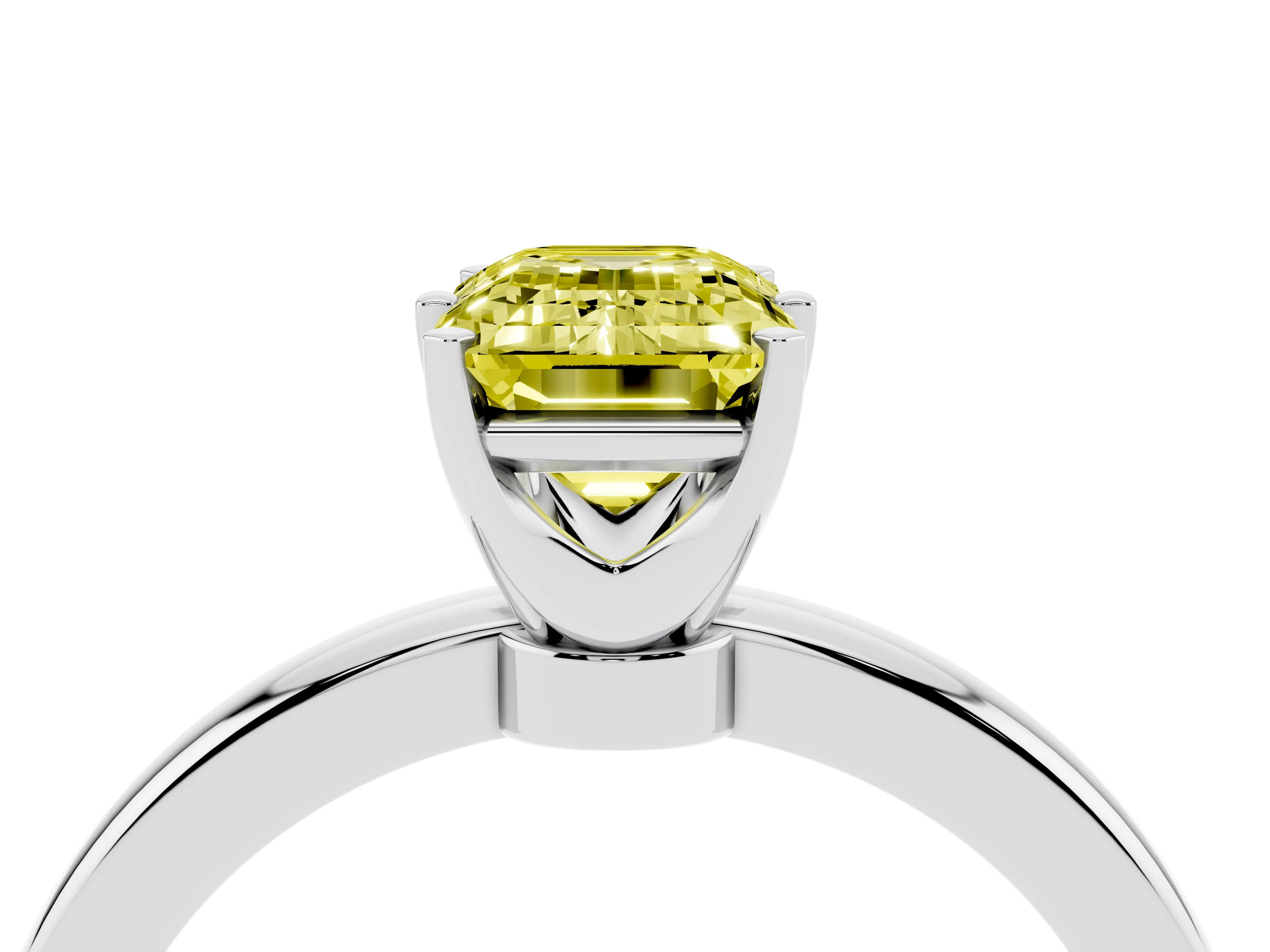 Fancy Yellow Emerald Cut Diamond Solitaire Ring Set in Platinum with Raised Prong Setting on a Classic Band