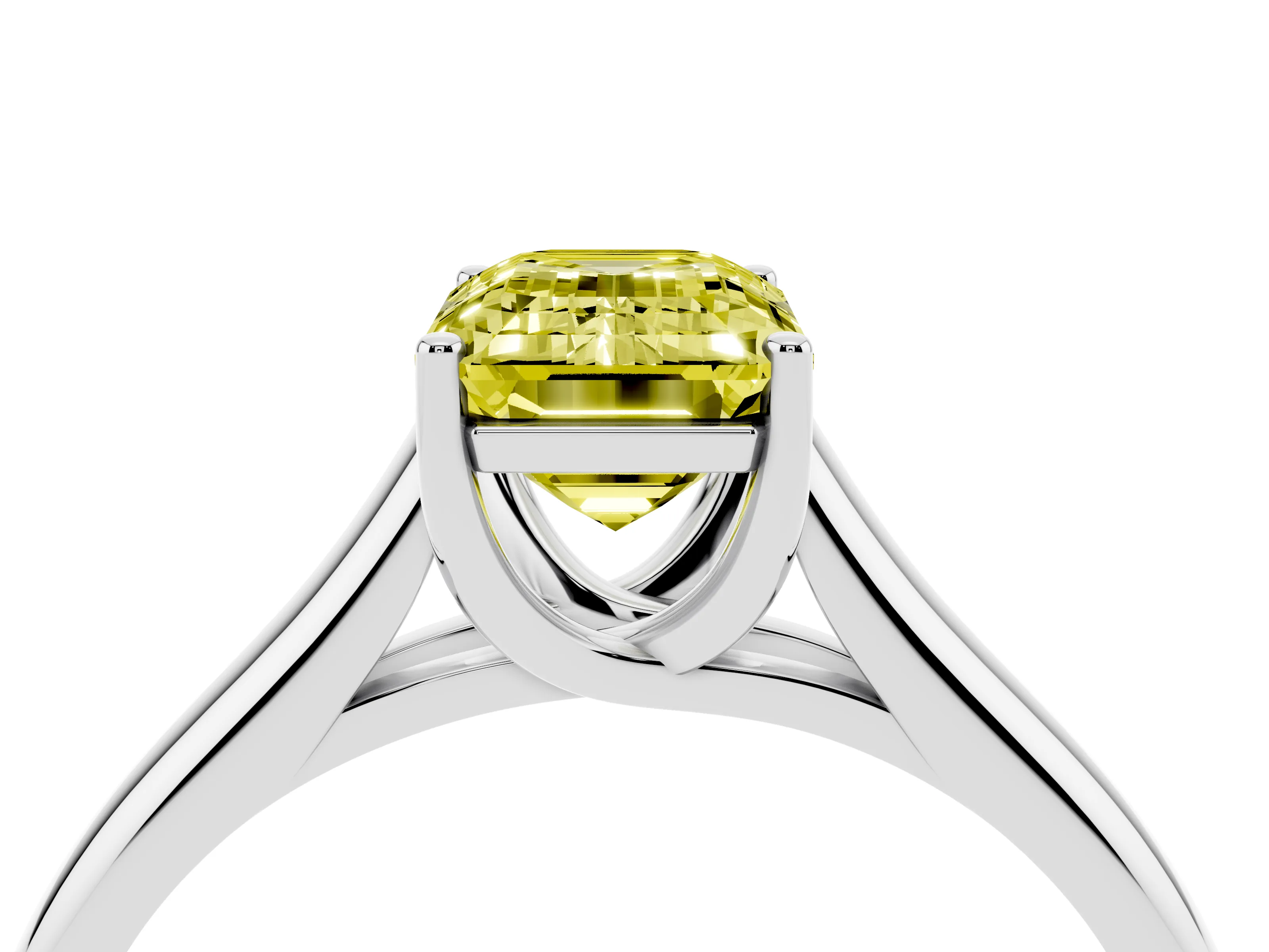 Fancy Yellow Emerald Cut Diamond Solitaire Engagement Ring Set in White gold with Subtly Tapered Band and Prong Setting
