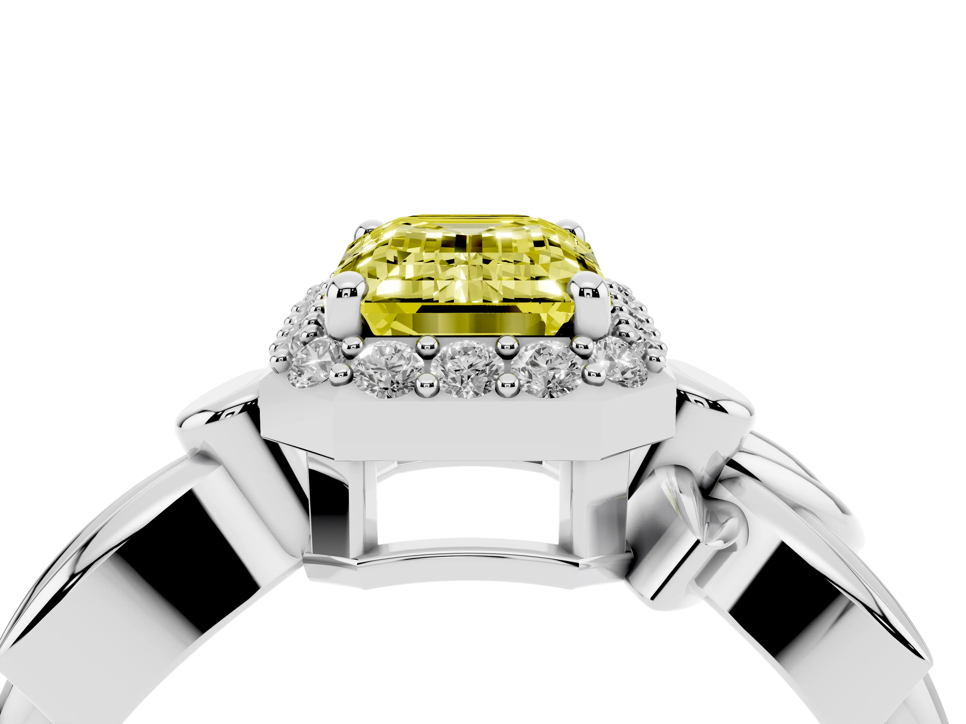 Fancy Yellow Emerald Cut Diamond Halo Floral Band Ring Set in Platinum with Prong Setting