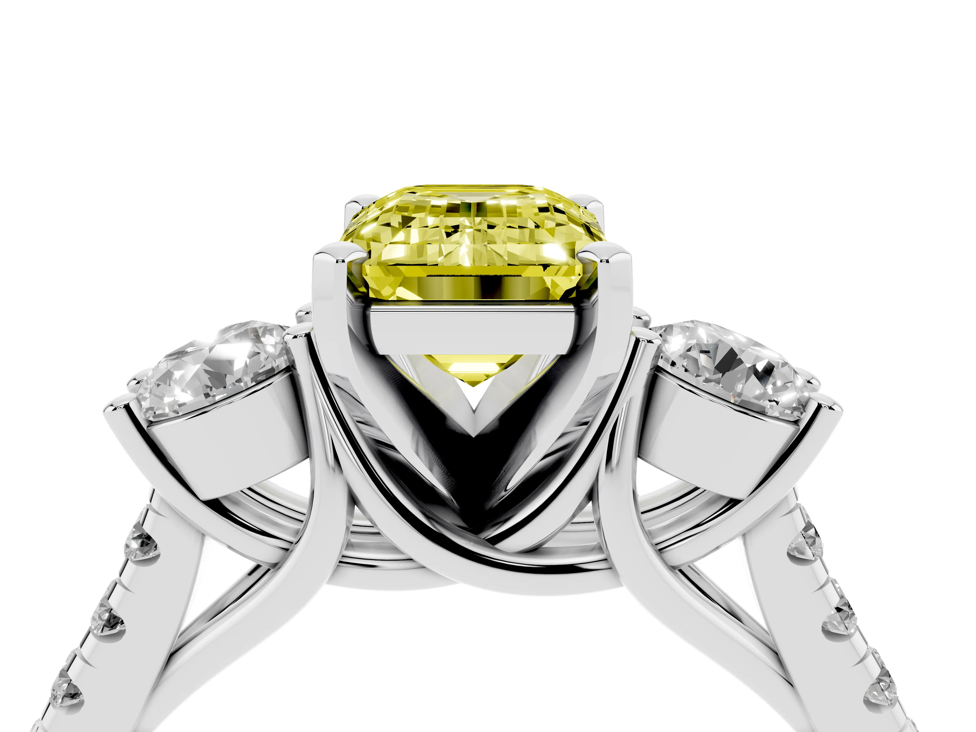 Fancy Yellow Three-Stone Emerald Cut Diamond Pavé Band Ring Set in White gold with Prong-Set Trio