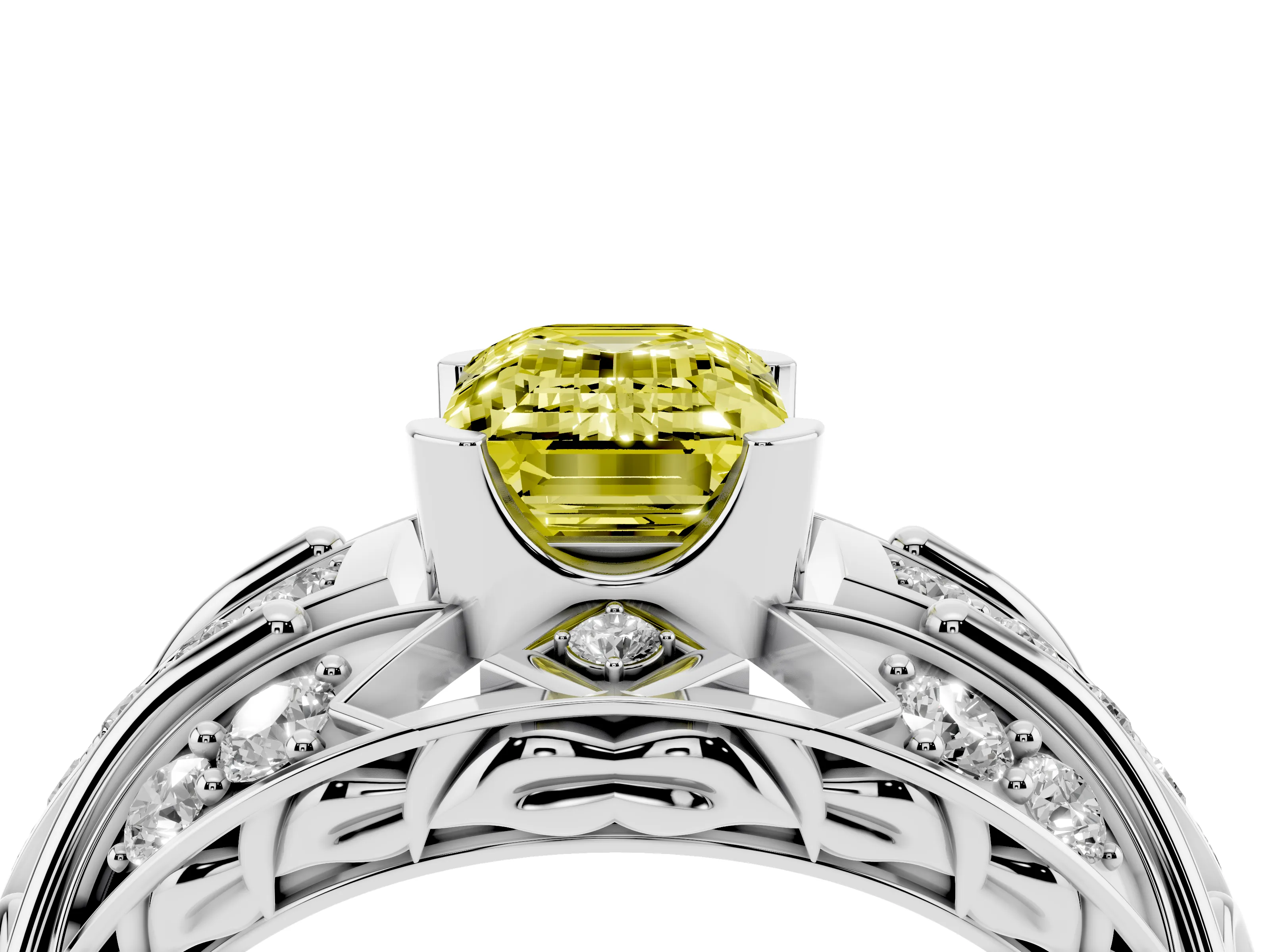 Fancy Yellow Emerald Cut Diamond Art Deco Ring Set in Platinum with Pavé Split Shank