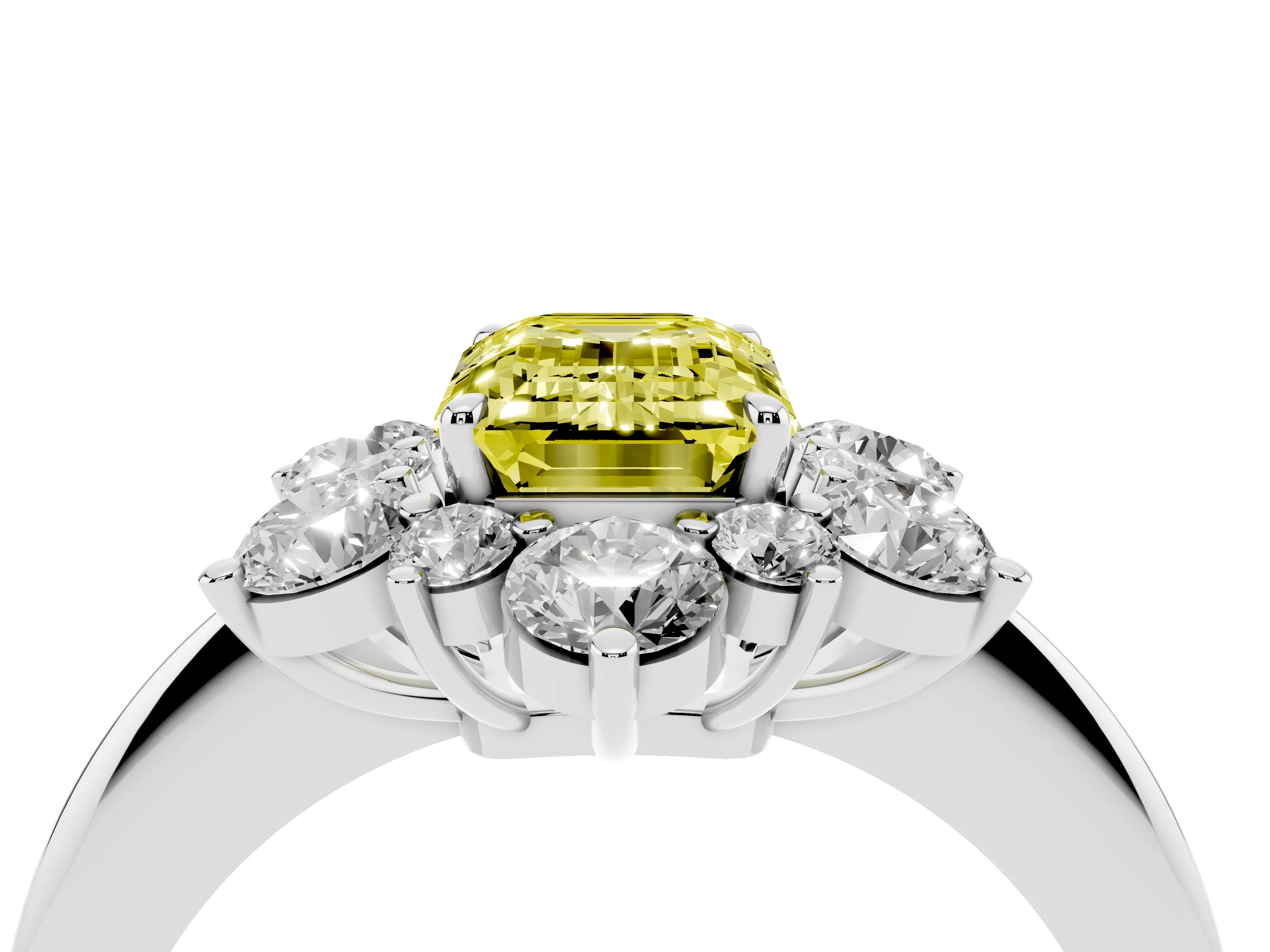 Fancy Yellow Emerald Cut Diamond Cluster Halo Ring Set in White gold with Solitaire Band and Prong Setting