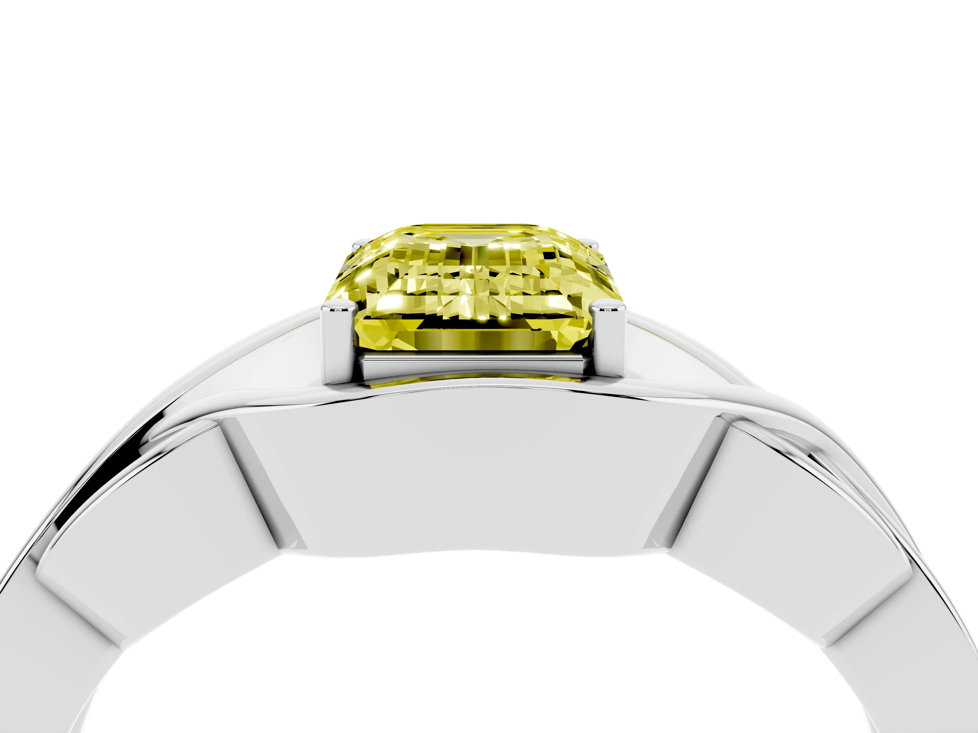 Fancy Yellow Emerald Cut Diamond Solitaire Ring Set in Platinum with Intertwined Band