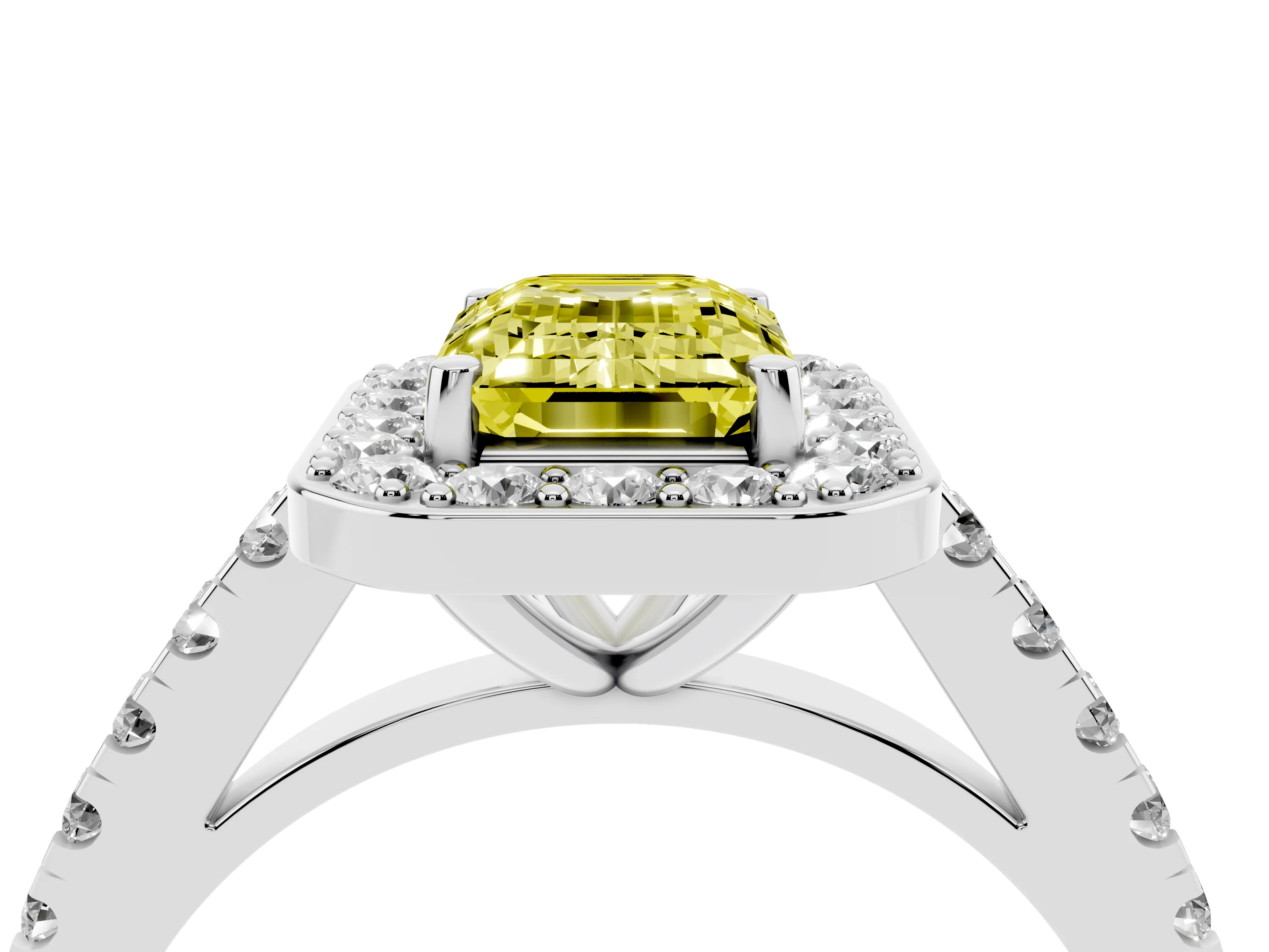 Fancy Yellow Emerald Cut Diamond Halo Ring Set in Silver with Round Pavé Split Shank and Prong Setting
