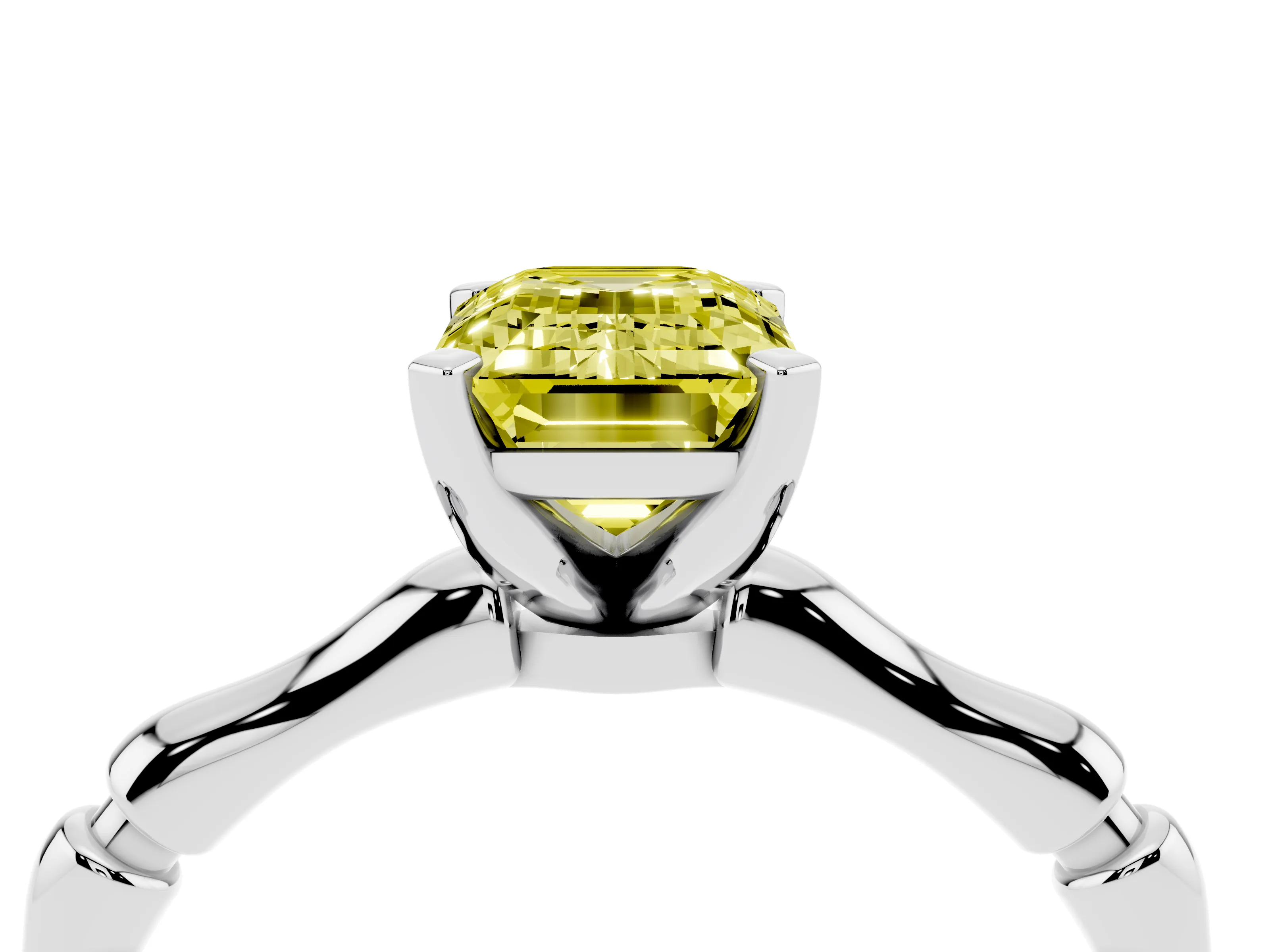 Fancy Yellow Emerald Cut Diamond Solitaire Ring Set in Platinum with Bamboo Band and Prong Setting