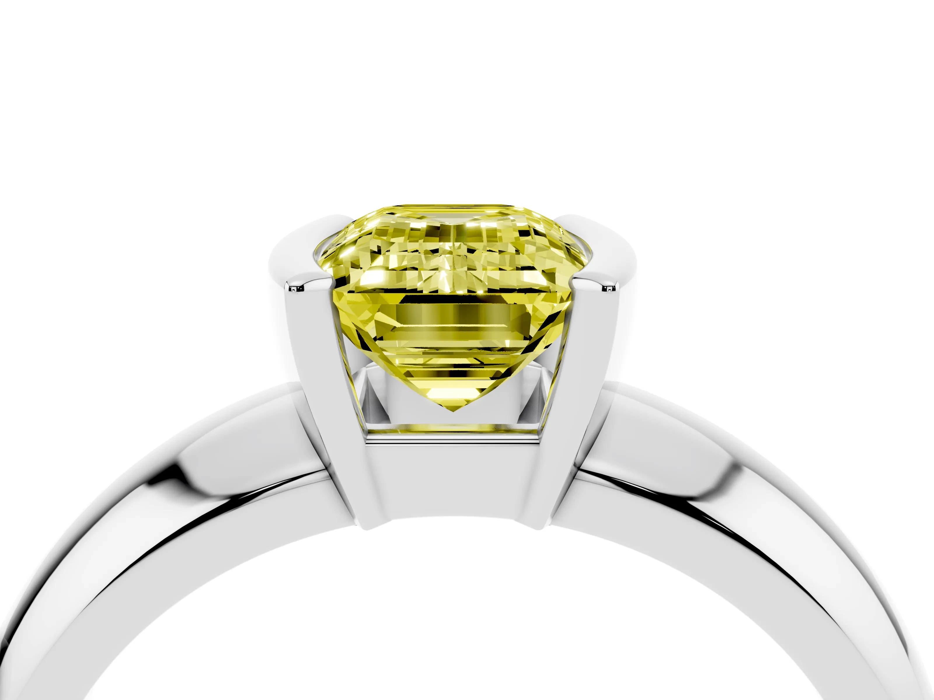 Fancy Yellow Emerald Cut Diamond Solitaire Tension Set Ring Set in Silver with Wide Band