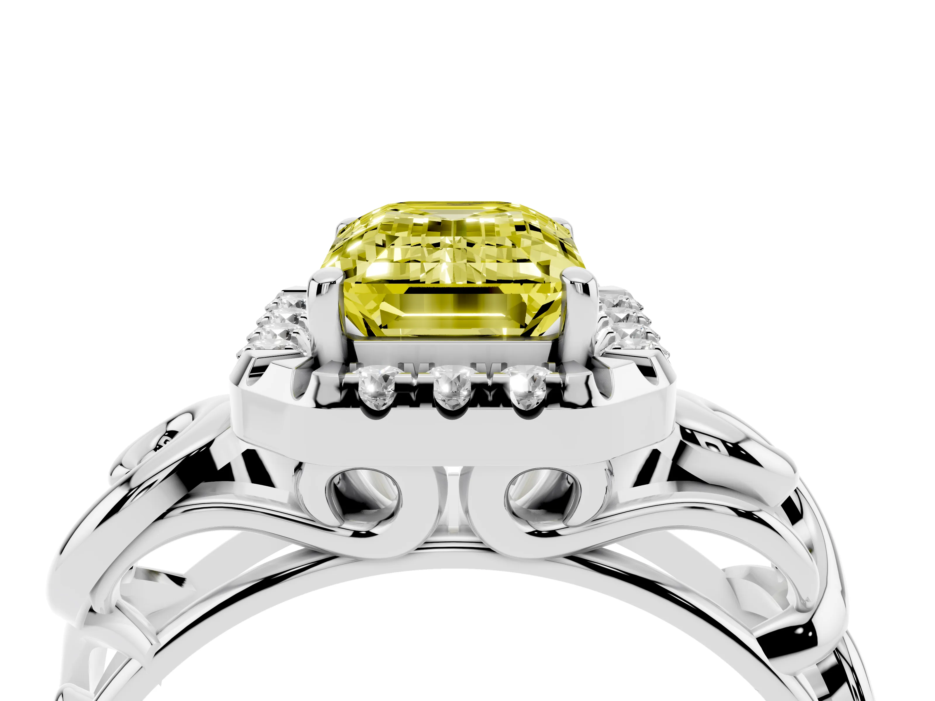 Fancy Yellow Emerald Cut Diamond Halo Ring Set in White gold with Scrollwork Band and Prong Setting