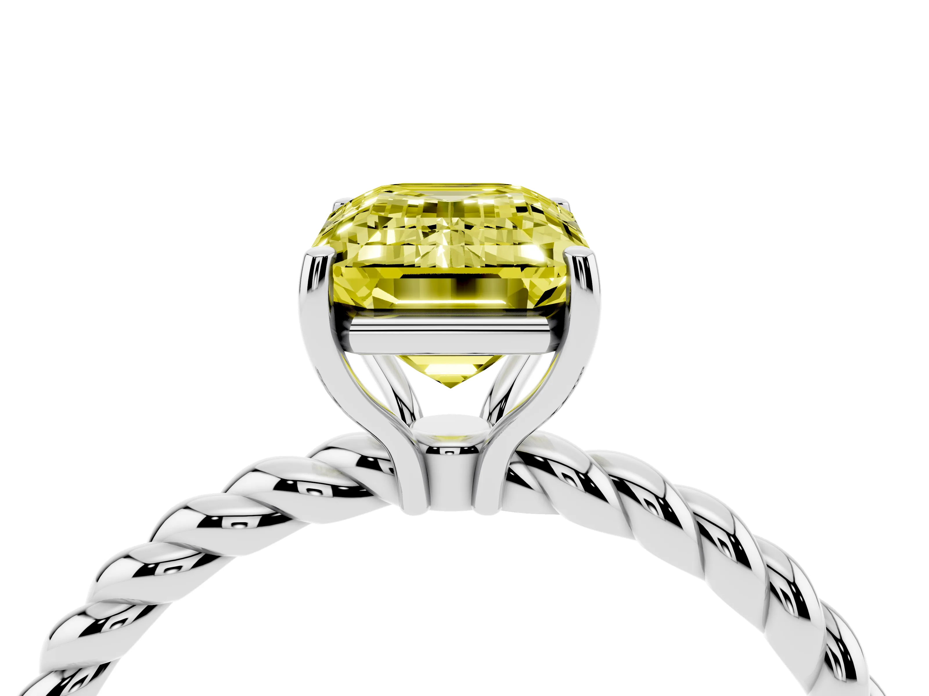 Fancy Yellow Emerald Cut Diamond Solitaire Ring Set in White gold with Twist Band and Prong Setting