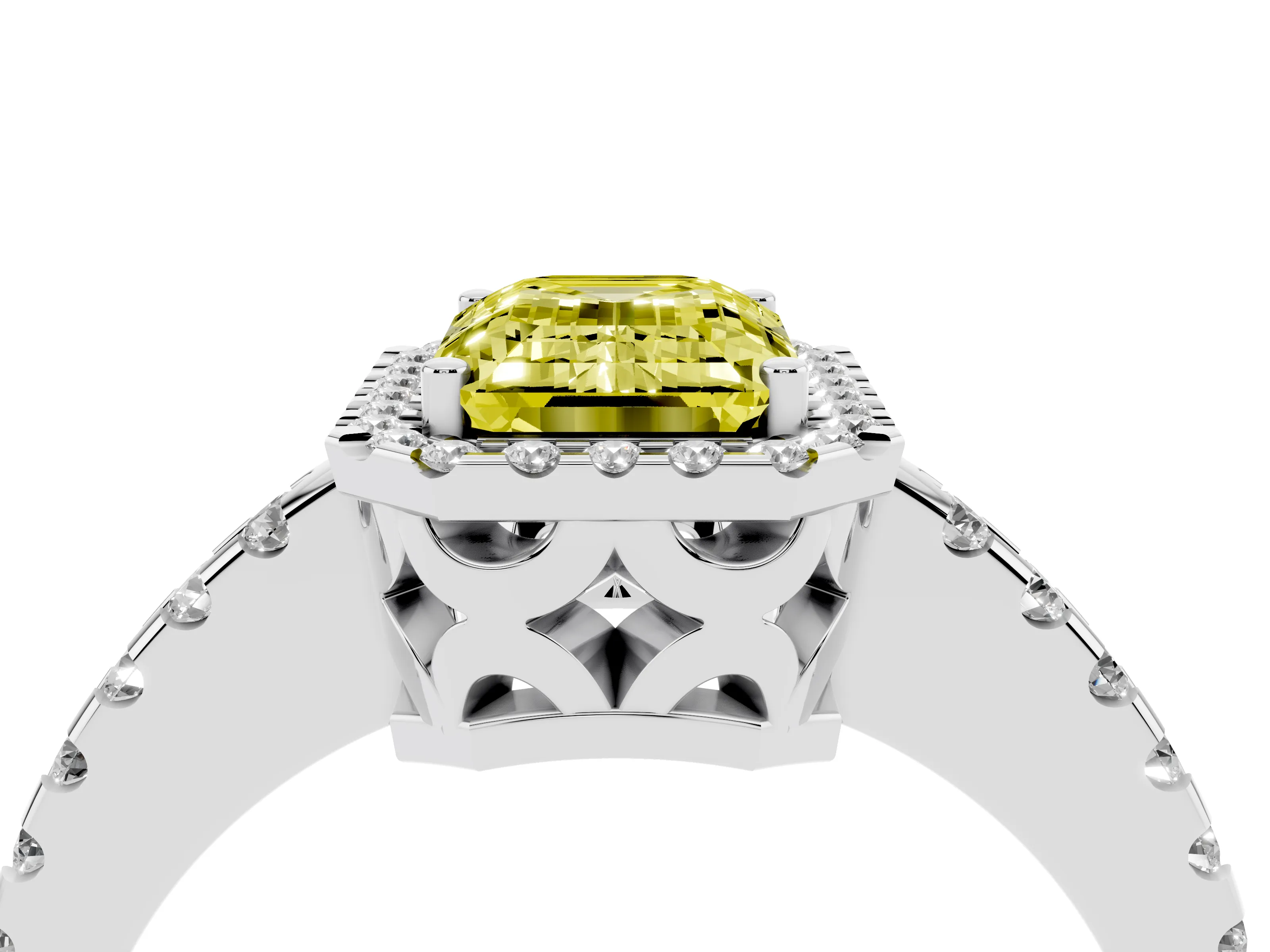 Fancy Yellow Emerald Cut Diamond Halo Ring Set in White gold with Pavé Shoulders and Halo-Framed Center