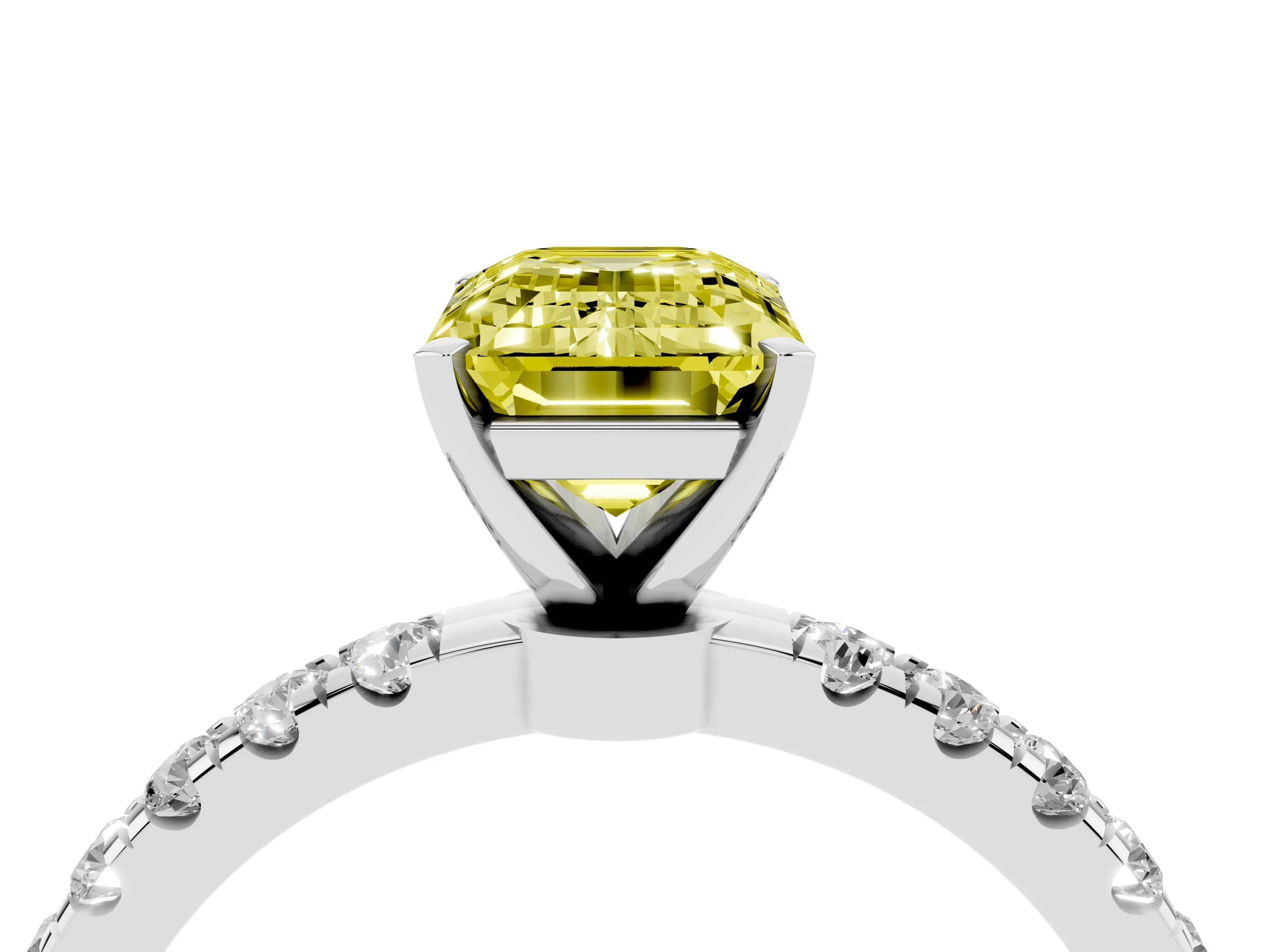 Fancy Yellow Emerald Cut Diamond Solitaire Ring Set in Silver with Pavé Accents and Prong Setting