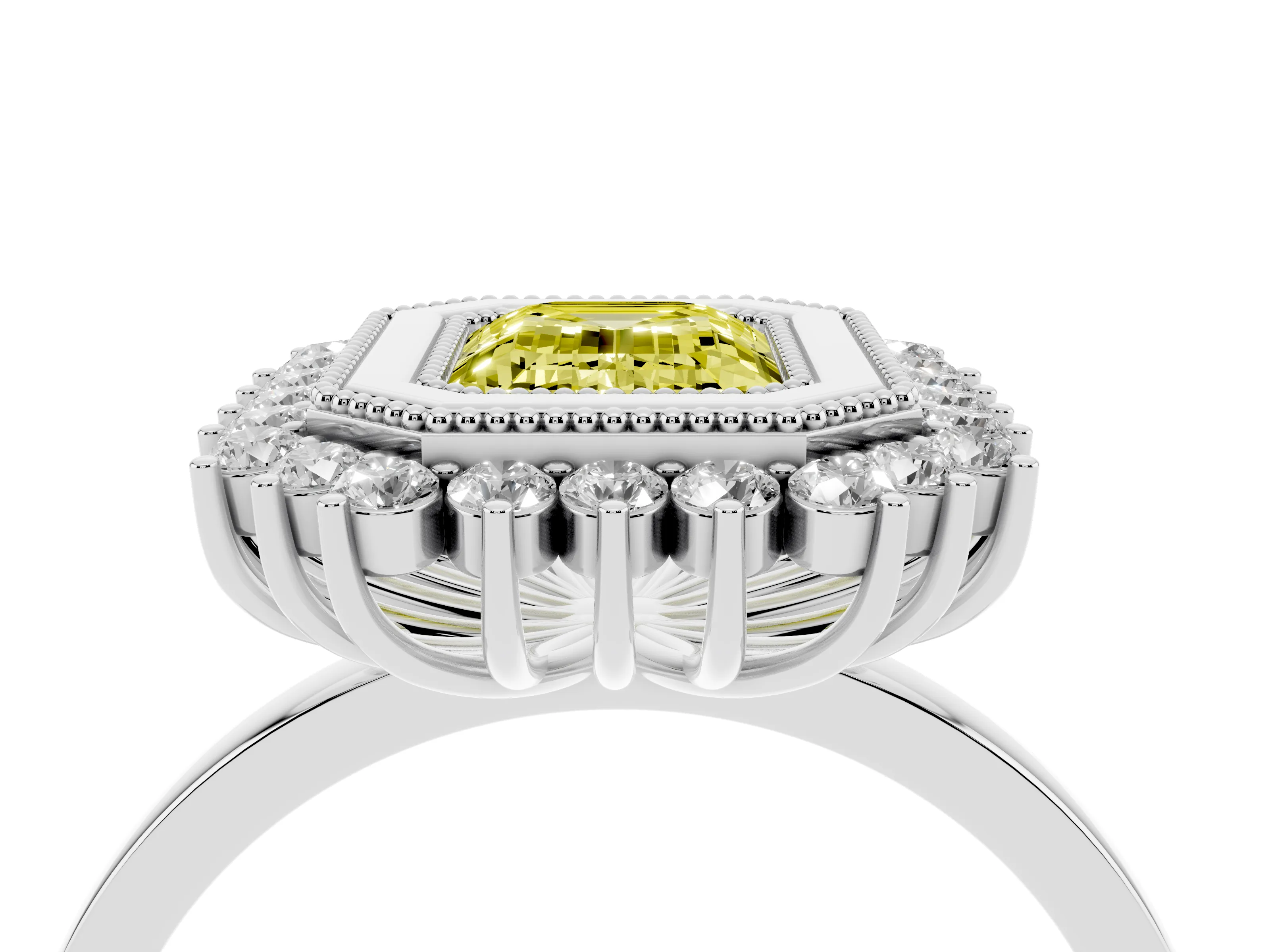 Fancy Yellow Emerald Cut Diamond Halo Ring Set in Platinum with Milgrain Edge and Round Prong Setting
