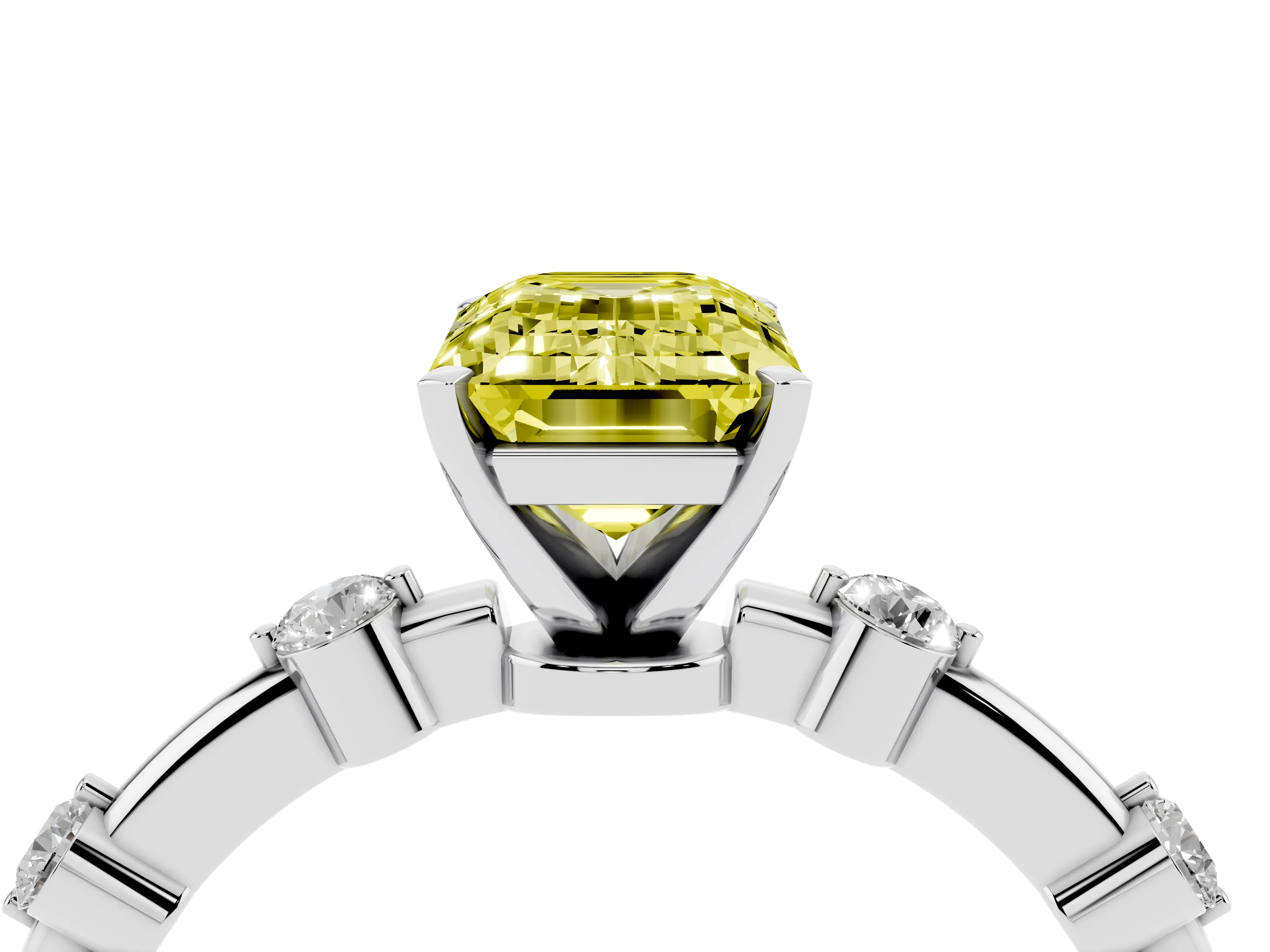 Fancy Yellow Emerald Cut Diamond Solitaire Ring Set in White gold with Bezel Set Side Stones and Prong Setting