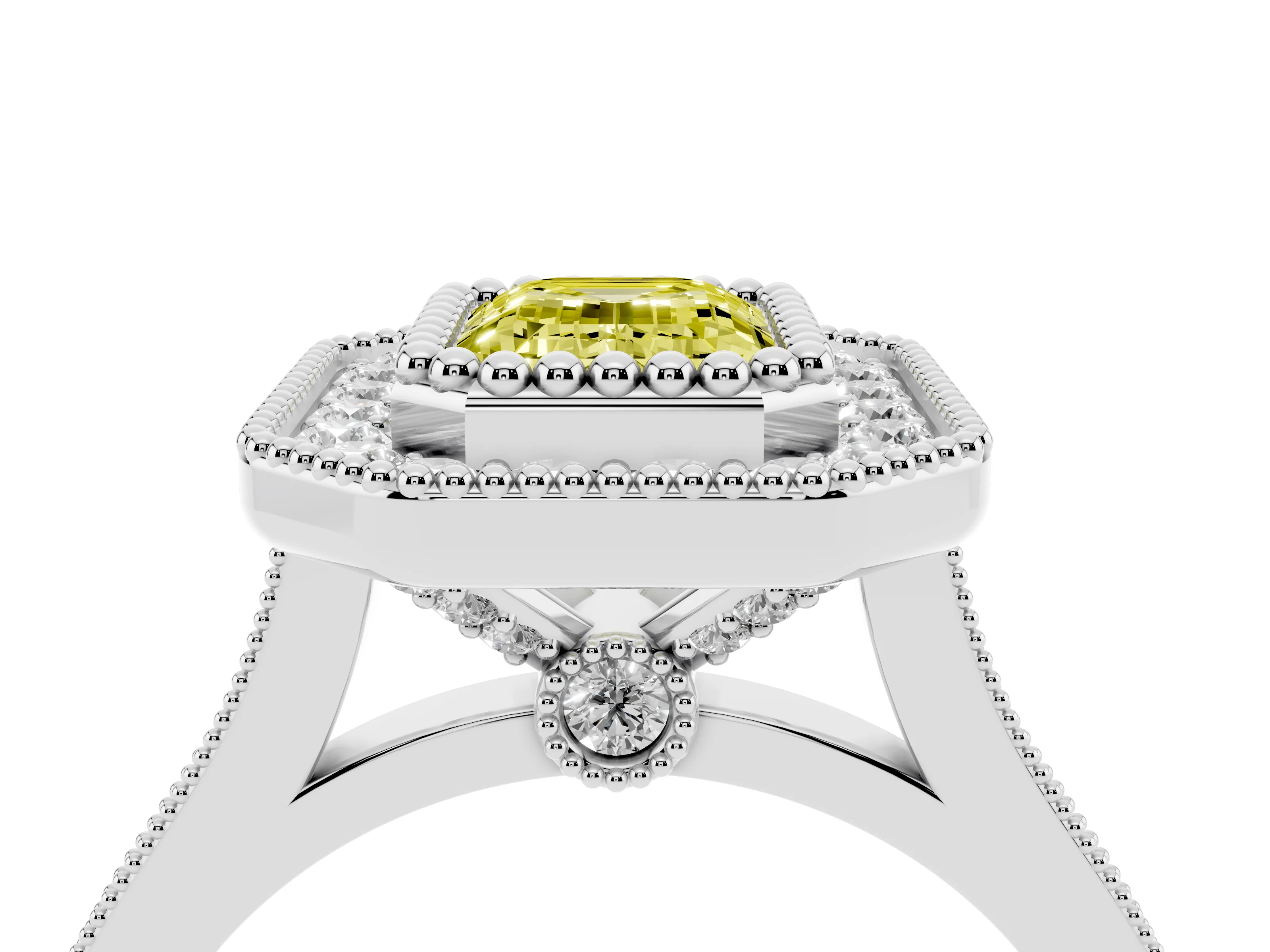 Fancy Yellow Emerald Cut Diamond Halo Ring Set in White gold with Milgrain Frame and Pavé Band