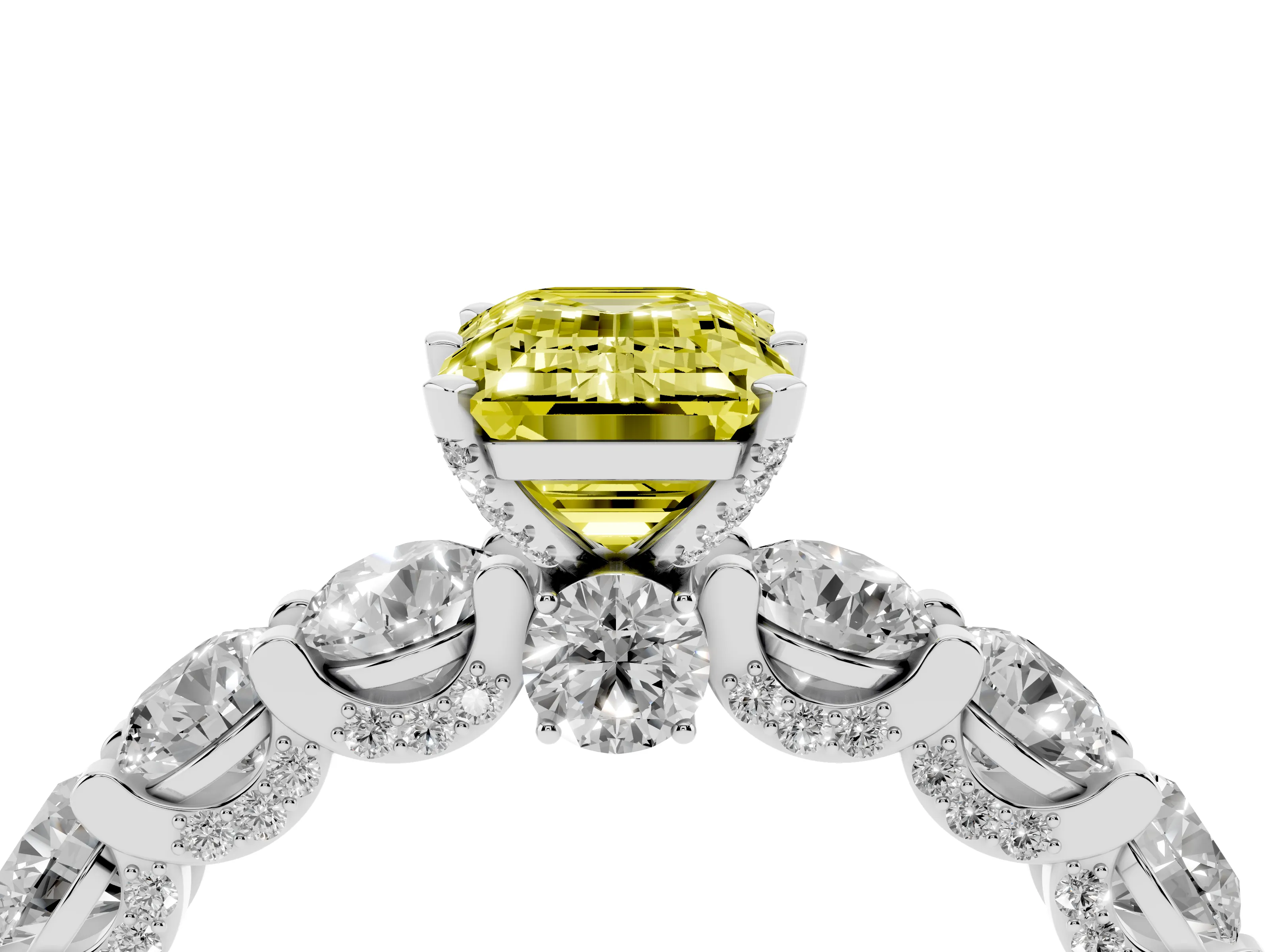 Fancy Yellow Emerald Cut Diamond Side Stone Ring Set in White gold with Alternating Round and Oval Side Stones