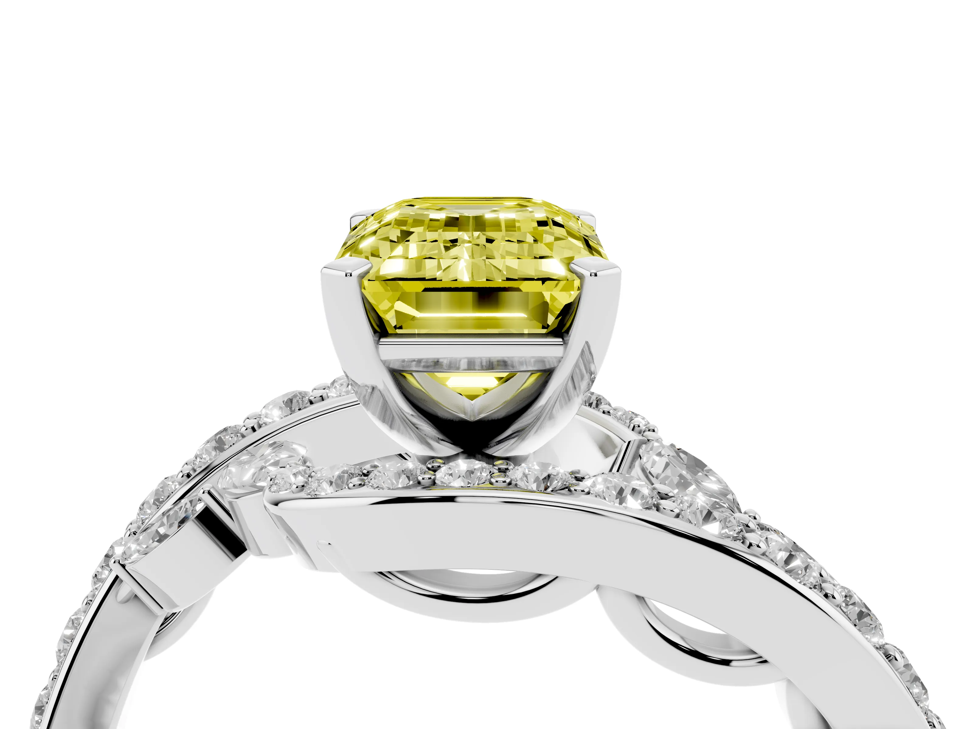 Fancy Yellow Emerald Cut Diamond Solitaire Ring Set in White gold with Pavé Twist Band and Secure Prong Setting