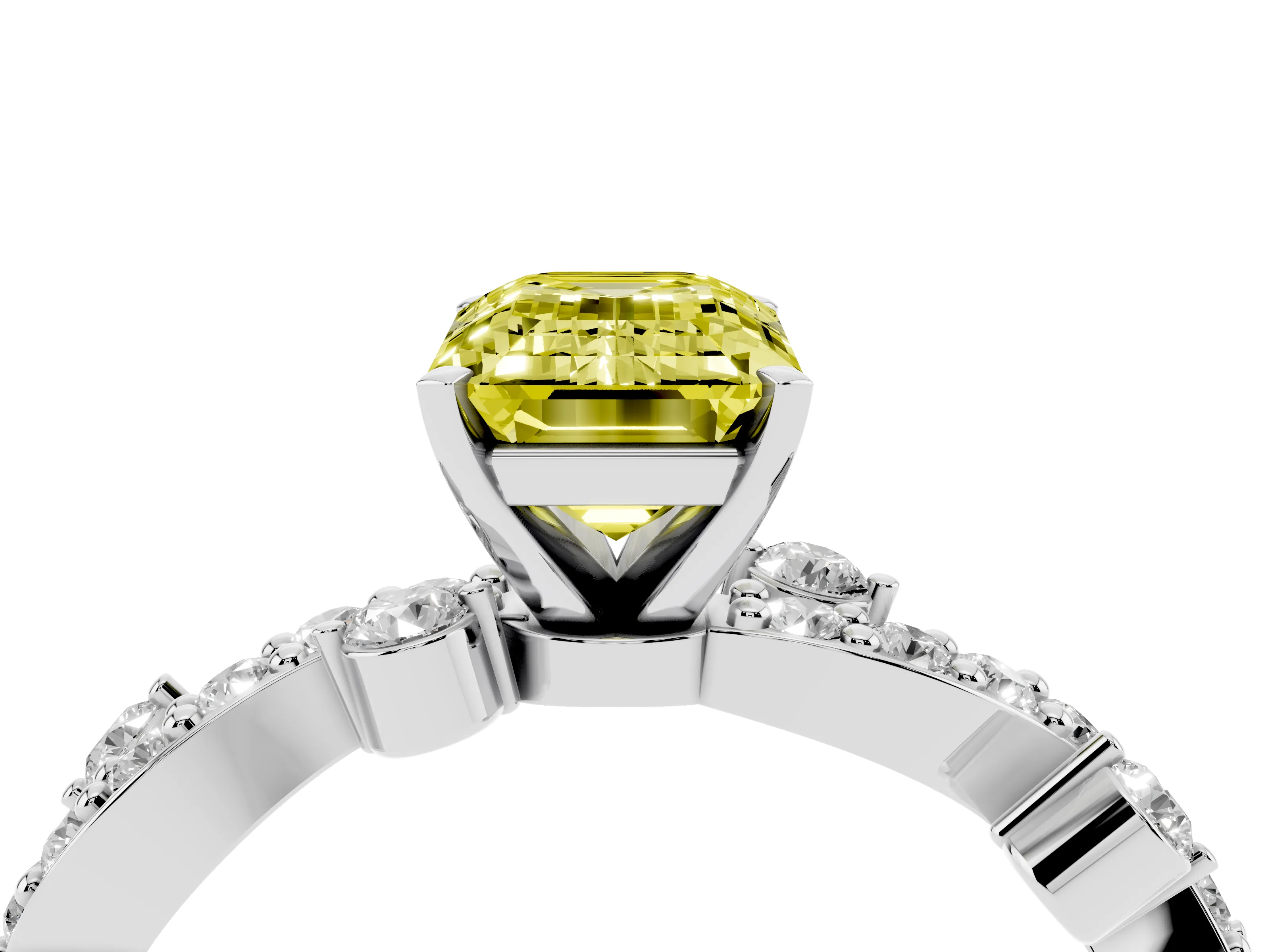Fancy Yellow Emerald Cut Diamond Solitaire Twisted Band Set in Silver with Pavé Setting