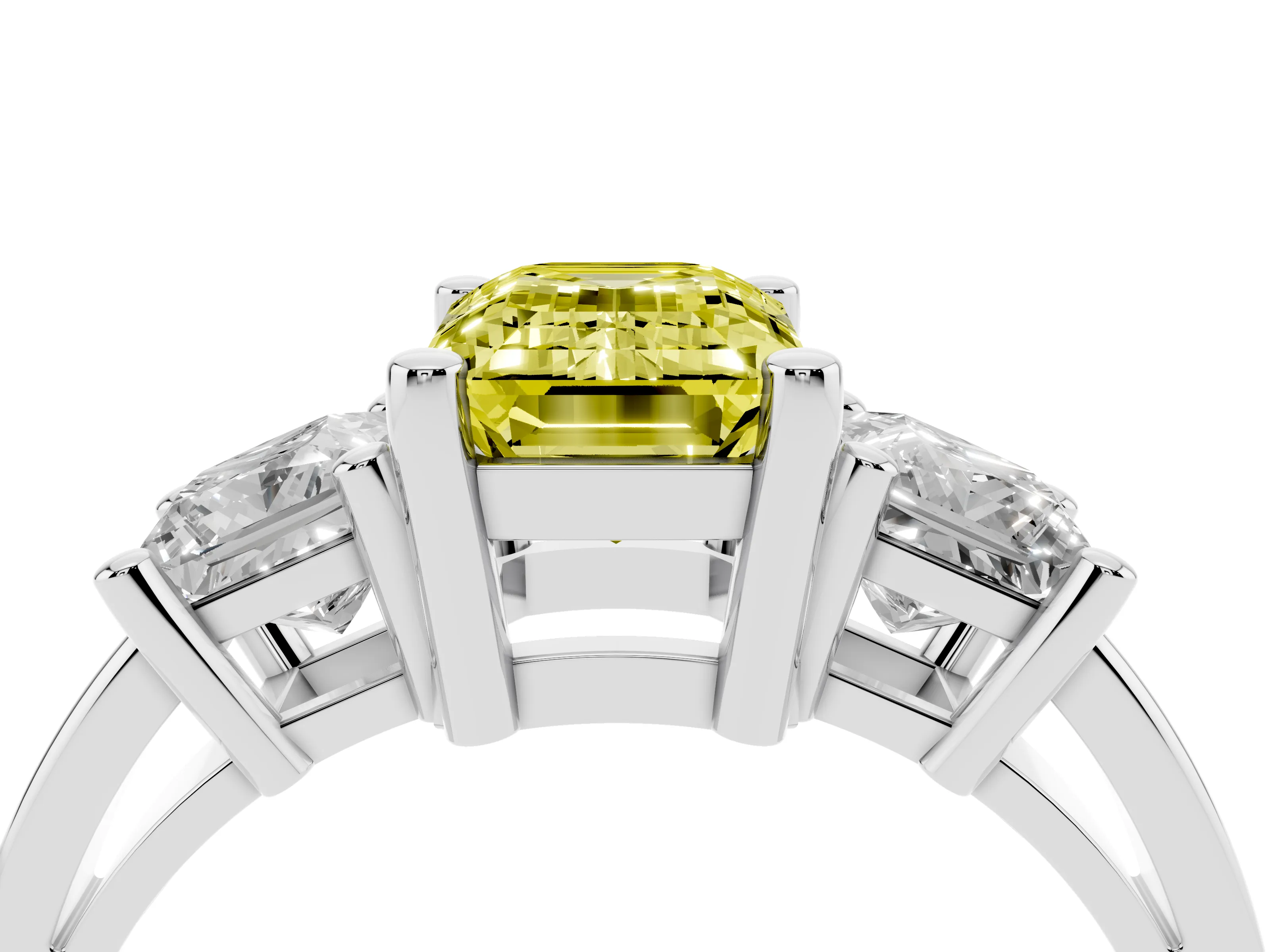 Fancy Yellow Three-Stone Emerald Cut Diamond Solitaire Ring Set in Platinum with Prong Setting