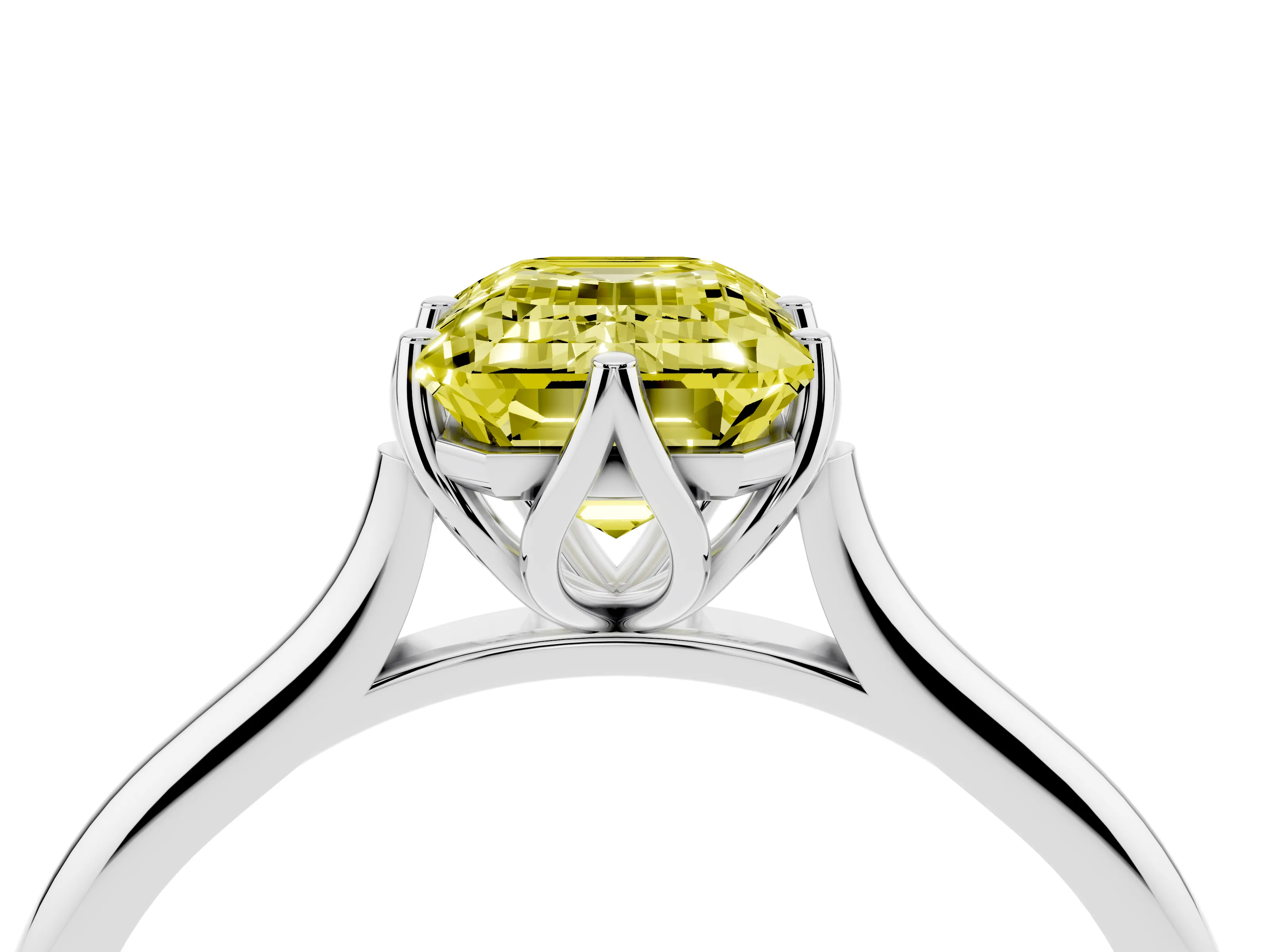 Fancy Yellow Emerald Cut Diamond Solitaire Cathedral Ring Set in Platinum with Prong Setting